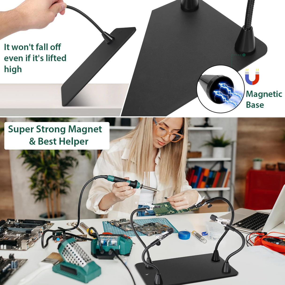 Magnetic Helping Hands Soldering Station, Third Hand Soldering Tool with Alligator Clips,PCB Circuit Board Holder,4 Flexible Gooseneck Arms & Non-slip base for Electronic Repair Soldering Craft Hobby MagnieOpti