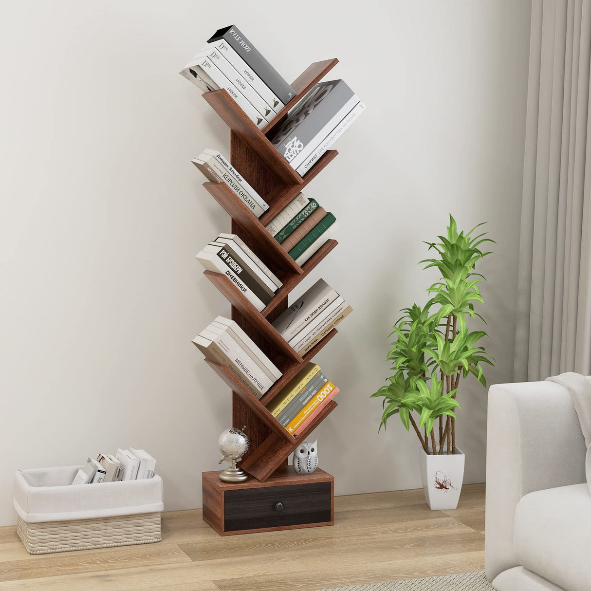 Giantex 10-Tier Tree Bookshelf with Drawer - 59" Freestanding Space Saving Wooden Bookcase, Retro Display Wood Storage Rack, Decorative Bookshelf with Storage for Living Room, Bedroom, Brown Giantex