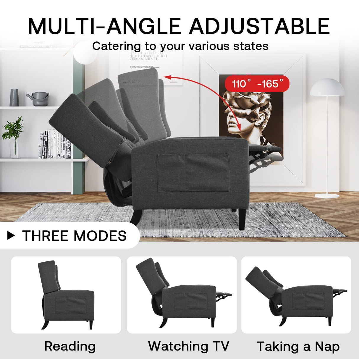 Vaztrlus Gray Manual Recliner Chair with Foldable Side Table USB Charger Wingback Tufted, Wall Hugger Recliners for Small Spaces, Living Room, Bedroom Inexpensive Lazy Boy Style Recliner Vaztrlus