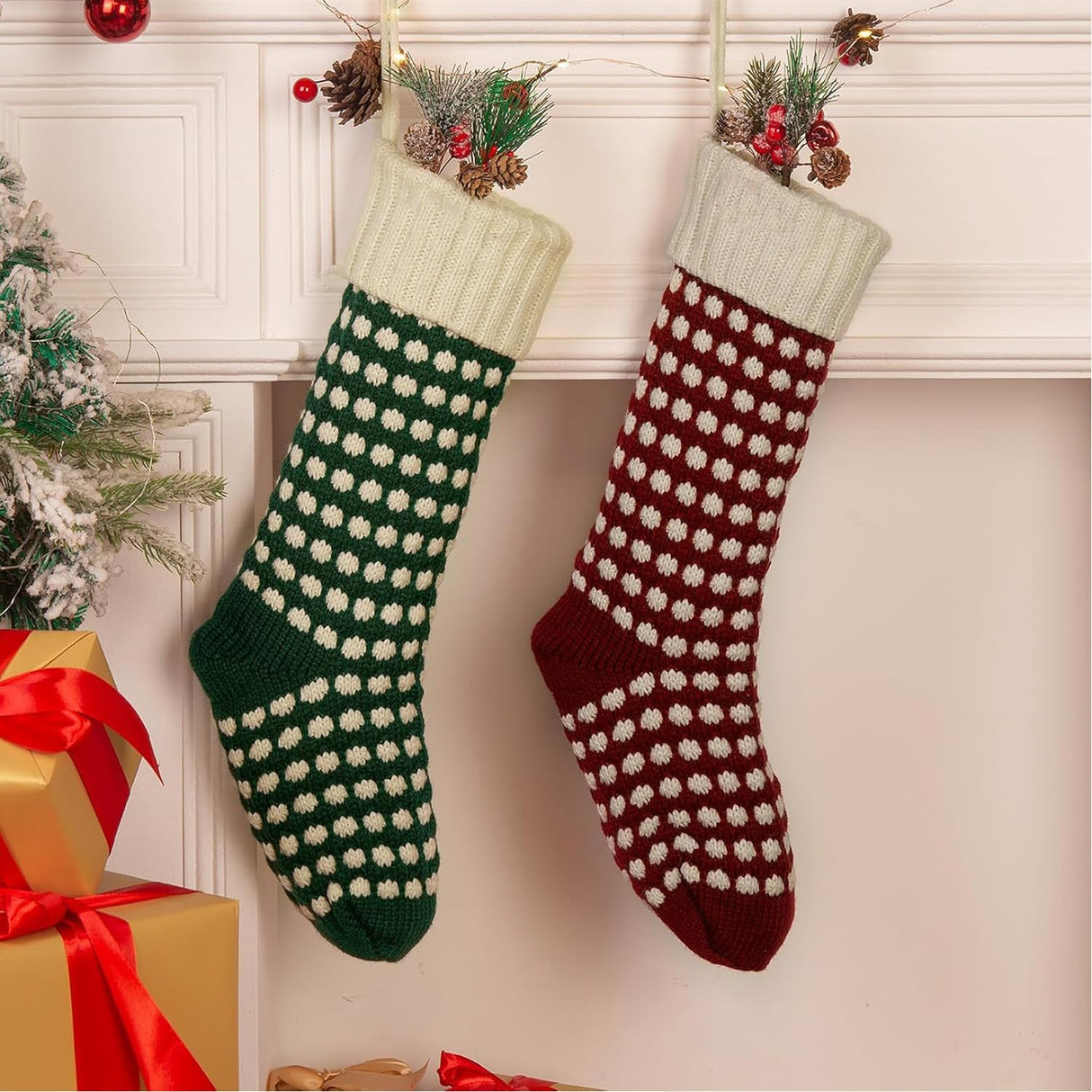 Guojanfon Christmas Stockings ,18" Unique Burgundy and Green Knit Christmas Stockings Dots Style (Length 18",Pack 2) Guojanfon
