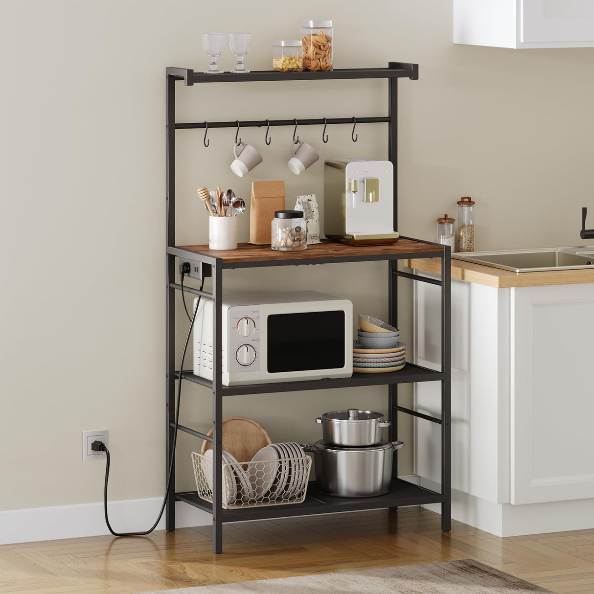 MAHANCRIS Bakers Rack with Storage, Microwave Stand with Power Outlet, Kitchen Storage Shelf with 6 Hooks, Coffee Bar Station 4 Tier, for Kitchen, Dining Room, Rustic Brown and Black BRHR351E01 MAHANCRIS