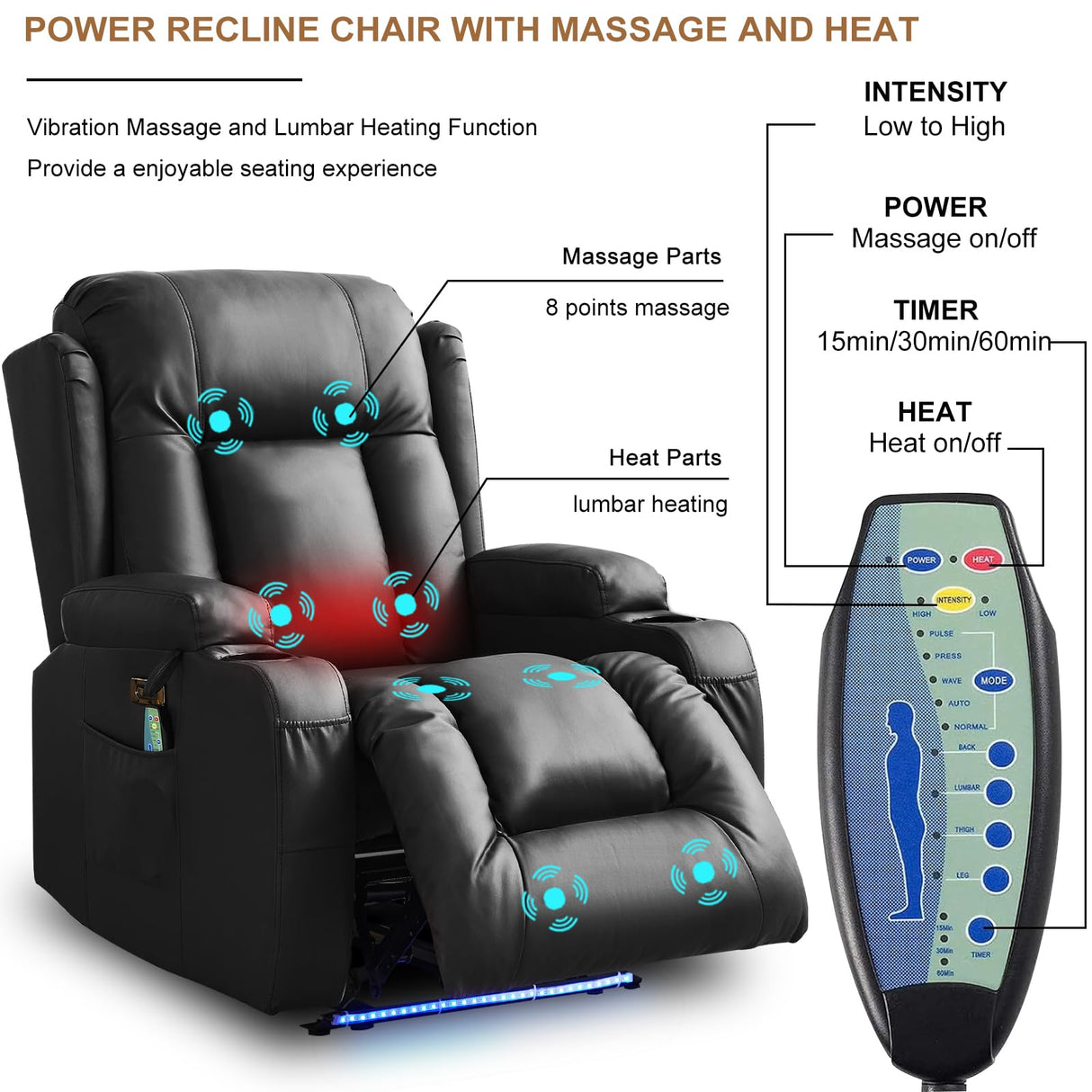 IPKIG Power Recliner Chair with Led Light - Faux Leather Overstuffed Home Theater Recliner w/Massage Heat/Lumbar Pillow/USB Port/Cup Holders/Side Pockets, Movie Gaming Reclining Chair (2 Sets, Black) IPKIG