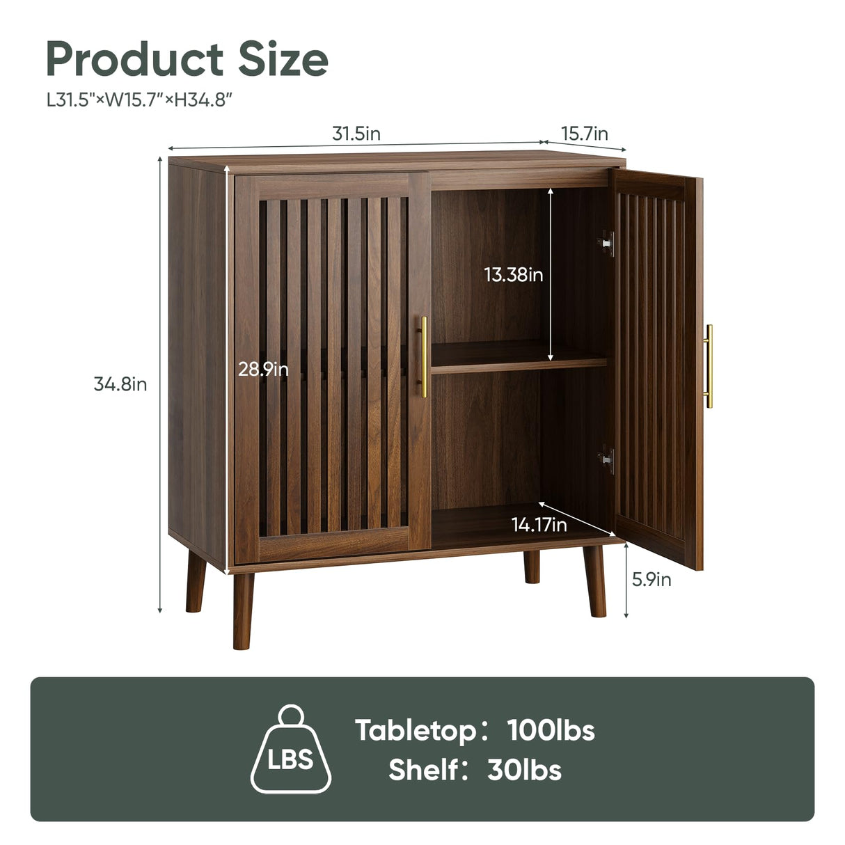 Smart FENDEE Sideboard Cabinet, 31.5" W Farmhouse Buffet Cabinet with Slatted Doors & Adjustable Shelf, Wood Coffee Bar Storage Station for Kitchen, Dining Room, Living Room, Entryway, Walnut Color Smart FENDEE