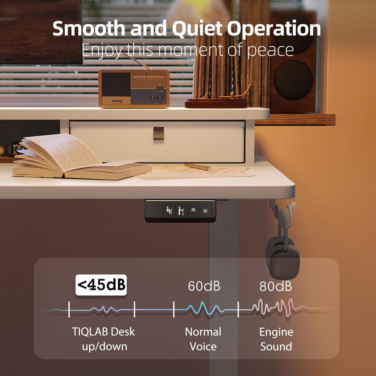 TIQLAB 48 * 24 Inch Standing Desk with Two Drawers, Stand Up Standing Desk Adjustable Height, Electric Sit Stand Desk with Storage Shelf and Splice Board, White TIQLAB