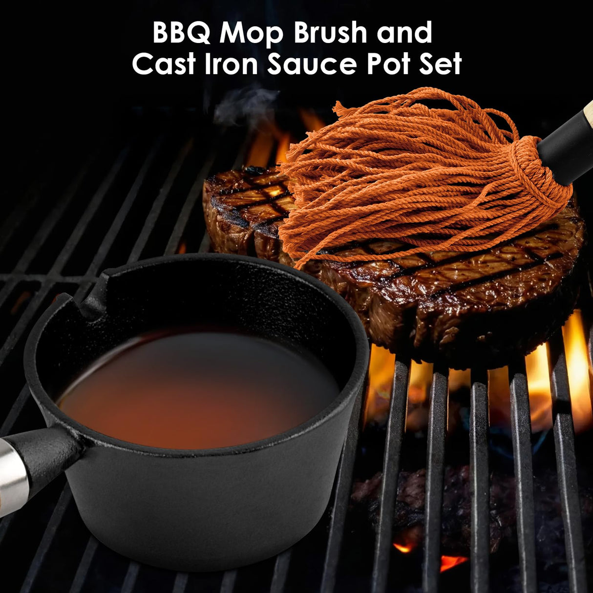BBQ Mop Brush and Cast Iron Sauce Pot Set, 8Pcs Barbecue Accessories Include Basting Melting Pot, 2 Size Wooden Handle Sauce Mops with 4Pcs Replacements and Oil Brush for Meat Smoker, Grill, Stove PACETAP
