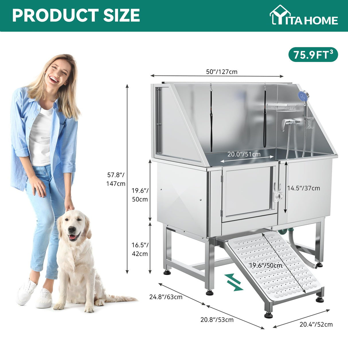 YITAHOME 50" Dog Grooming Tub 304 Stainless Steel Professional Dog Bathing Station w/Ramp, Floor Grate, Faucet, Dog Bathtub for Large, Medium, Small Pets Left Door, Dog Washing Station for Home YITAHOME