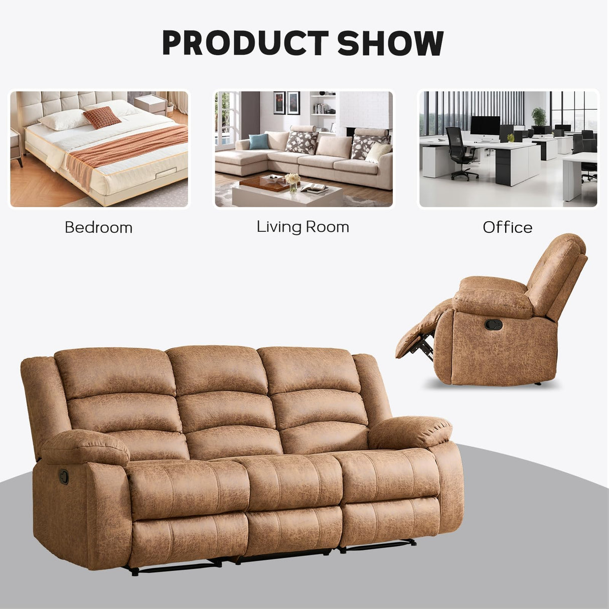 EBELLO Faux Leather Manual Reclining Sofa with 2 Concealed Cup Holders,Overstuffed Armrest 3 Seat Recliner Sofa, Couch for Living Room, Bedroom, Meeting Room, Light Brown(Sofa) EBELLO