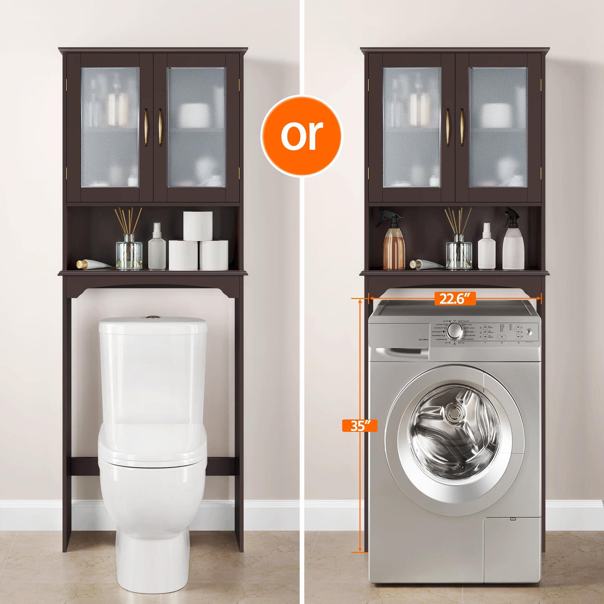 Yaheetech Over The Toilet Storage Cabinet, Free Standing Toilet Rack with Adjustable Shelves and Tempered Glass Doors for Bathroom Washroom, Espresso Yaheetech