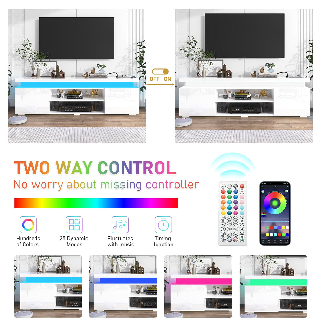 Hlivelood LED TV Stand for 75 Inch TV, Modern TV Stand with Power Outlet, High Gloss TV Console Entertainment Center with Storage and LED Lights for Living Room, Bedroom (66 Inch, White) Hlivelood