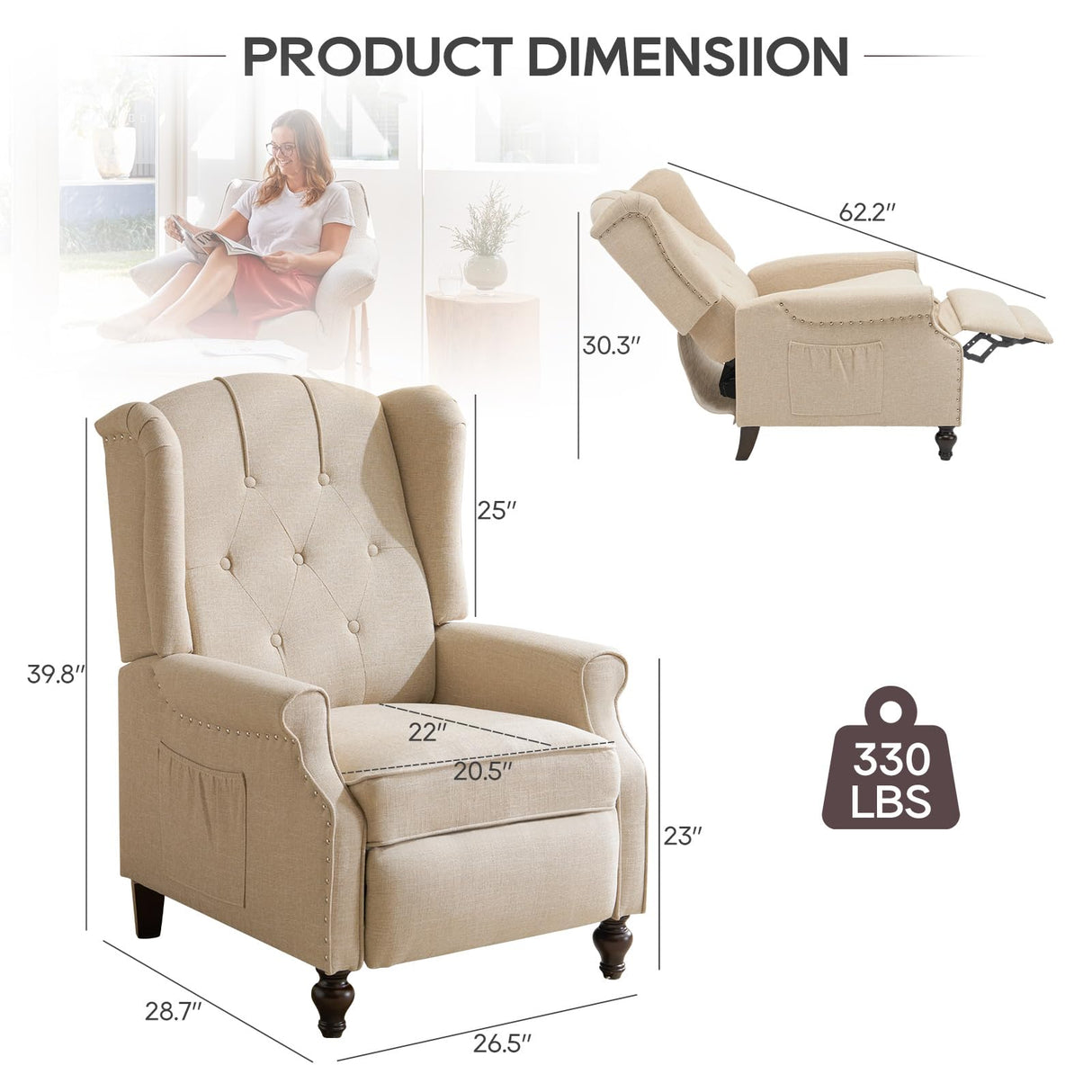 P.H.Furn Wingback Recliner Chair with Massage and Heat, Upholstered Fabric Living Room Chair Armchair with Nailhead Trim,Push Back Recliner Chair with Remote Control,Padded Cushion P.H.Furn