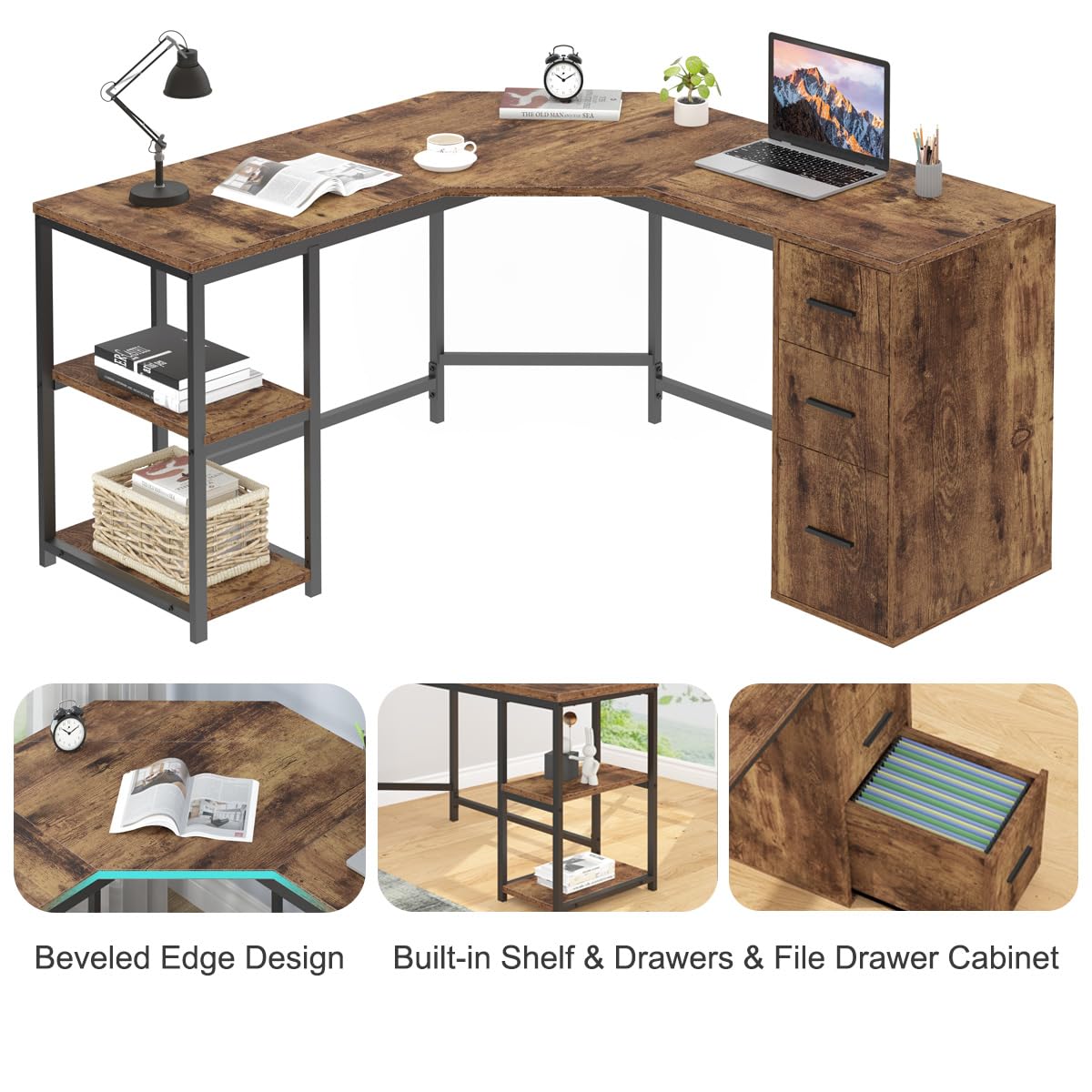 LVB Farmhouse L-shaped Corner Desk with Drawers, Reversible Home Office Executive Desk with Storage Cabinet Shelves, Large Wood Metal L Shaped Table for Work Study Writing Gaming, Rustic Brown, 60 in LVB