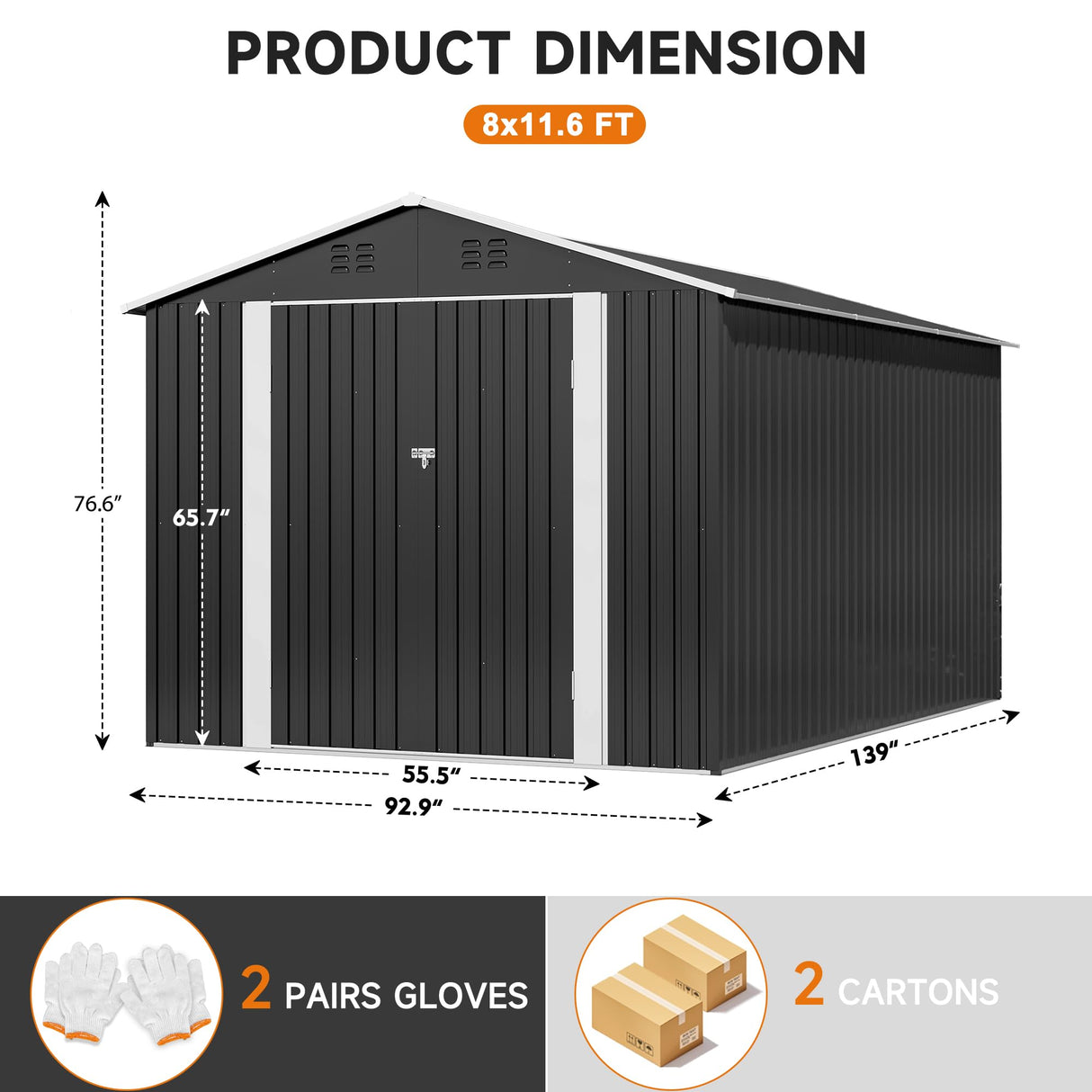Polar Aurora 8 x 12 FT Outdoor Storage Shed, Metal Garden Shed with with Updated Frame Structure, Tool Sheds for Backyard Garden Patio Lawn Black Polar Aurora