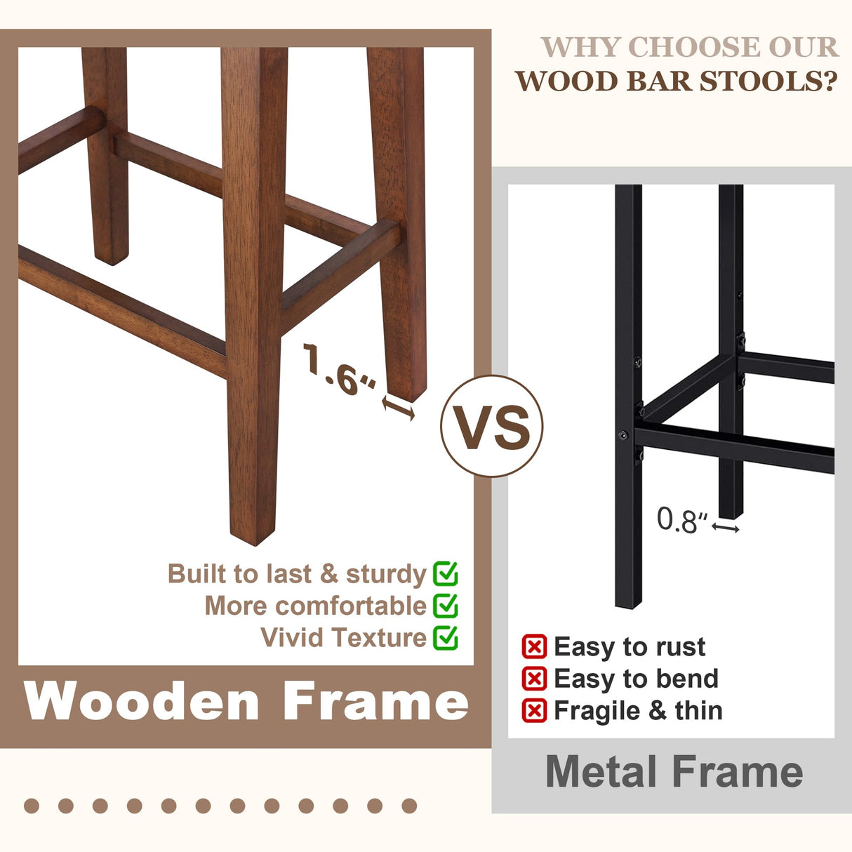 PrimeZone Counter Height Bar Stools Set of 2 - Backless Saddle Barstools with 4.3" Thick Upholstered, Nailhead Trim Linen Fabric & Solid Wood Legs, 26 Inch Counter Stools for Kitchen Island, Beige PrimeZone