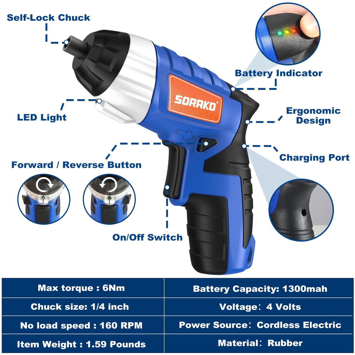 Electric Screwdriver, SORAKO Cordless Screwdriver Rechargeable 4V Max, Power Screwdriver with LED Light, 1300mAh Battery Screwdriver 6 Nm 30 PCS Screw Gun Accessories for Home DIY, Car Repair SORAKO