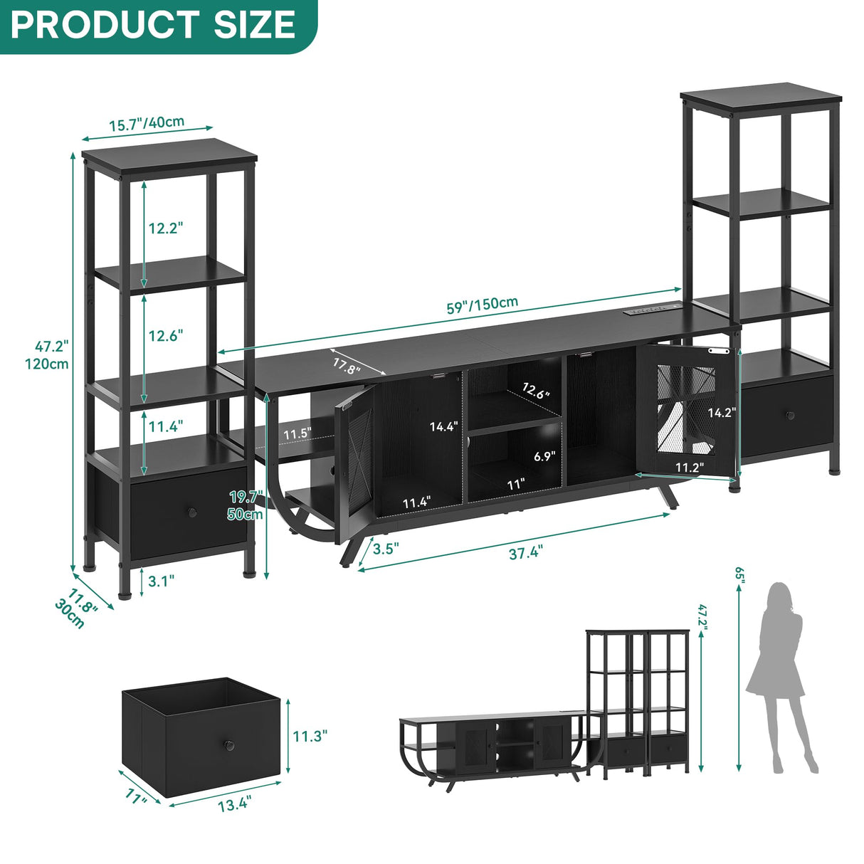 YITAHOME TV Stands for Living Room, LED TV Stand for 65 inch TV Entertainment Center with 2 Bookshelves, Modern Farmhouse TV Console Cabinet with Power Outlets, Black YITAHOME