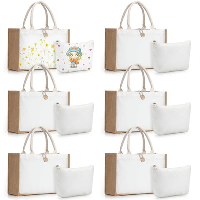 Bulyoou 12 Pcs Sublimation Blank Tote Bags and Makeup Bags Set, Reusable Canvas Polyester Tote Bags for DIY Craft Burlap Gift Bags Makeup Pouches Cosmetic Bags for Women Shopping Grocery Bridesmaids