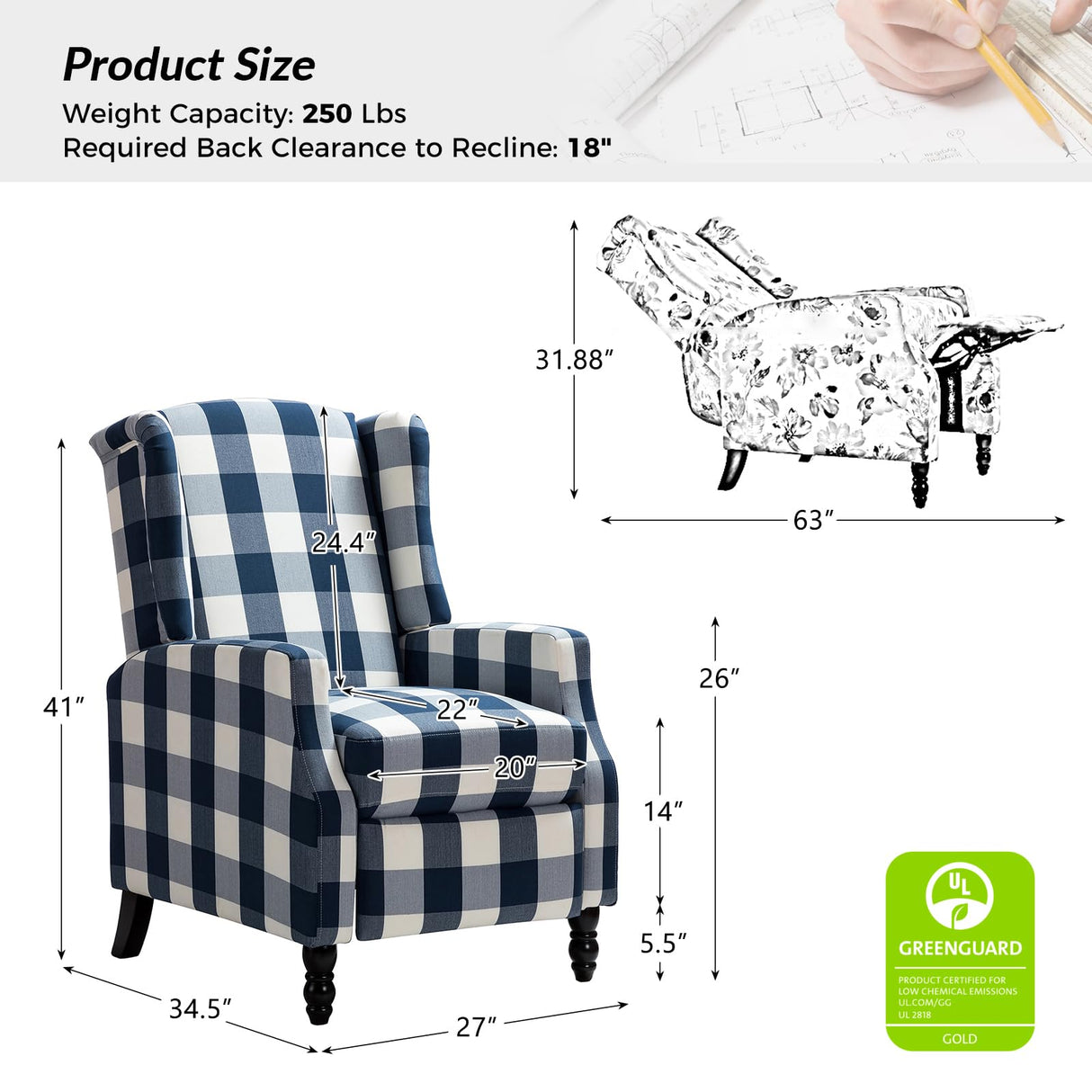 Upholstered Wingback Recliner Chair, Traditional Push Back Recliner Sofa, Mid Century Modern Lounge Armchair for Living Room, Home Theater Accent Chairs Recliners Couches (Navy) TINA'S HOME