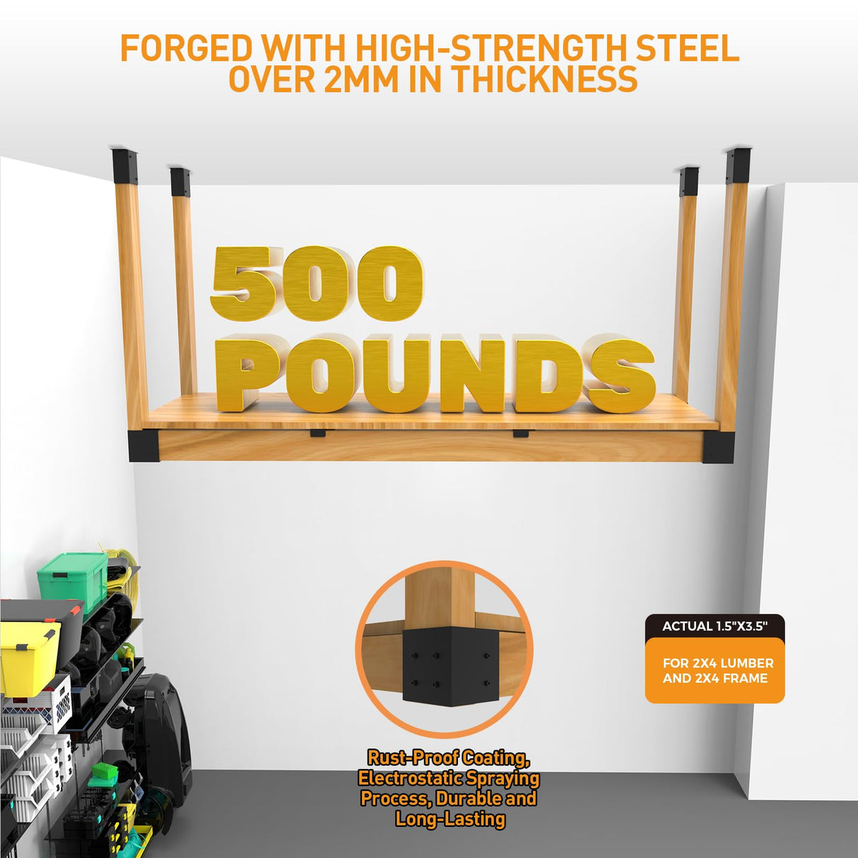 GOOCORREC Heavy Duty Overhead Garage Storage Rack Kit for 2x4 Wood (Actual 1.5"x3.5") - DIY Ceiling Storage System, 500 lbs Capacity, Easy Install, Metal Brackets (Black) GOOCORREC