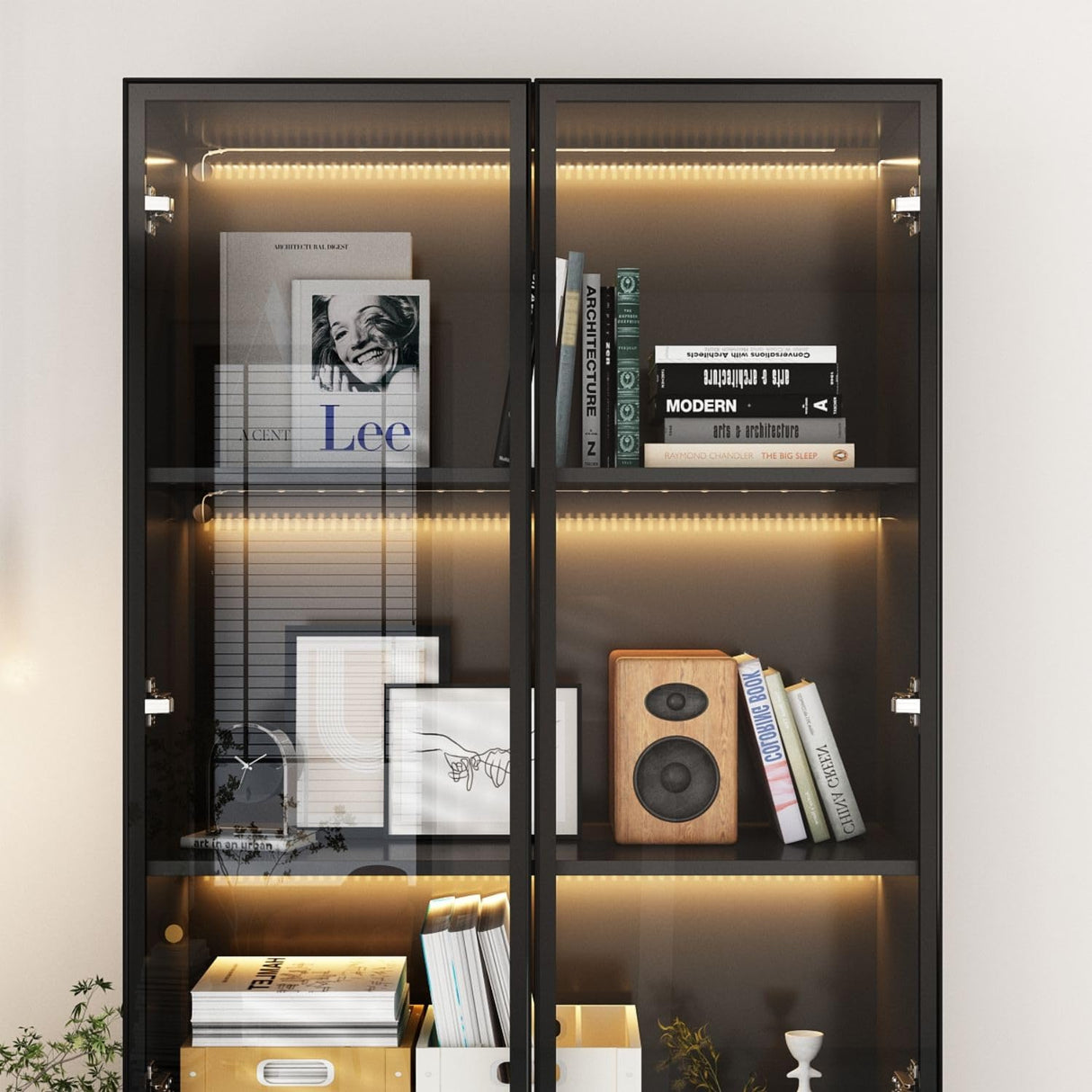 FAMAPY Display Cabinet with 2 Glass Doors and Lights, Display Case Cabinet with 4-Tier Storage Shelves and 2 Drawers, Pop-up Design, for Collectibles, Black (31.5”W x 14.2”D x 78.7”H) FAMAPY