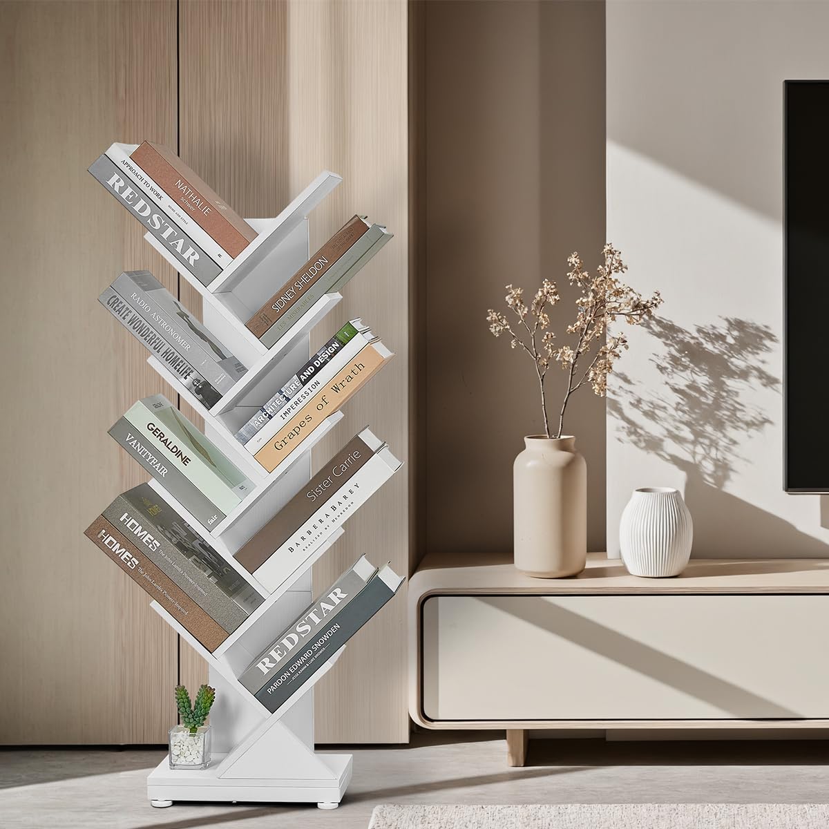 ruboka Tree Bookshelf,Retro Floor Standing Bookcase Display for CDs/Magazine/Books,Small Bookshelf for Bedroom,Living Room,Office,Balcony,Brown Storage Shelves (White, 9 Tier) ruboka