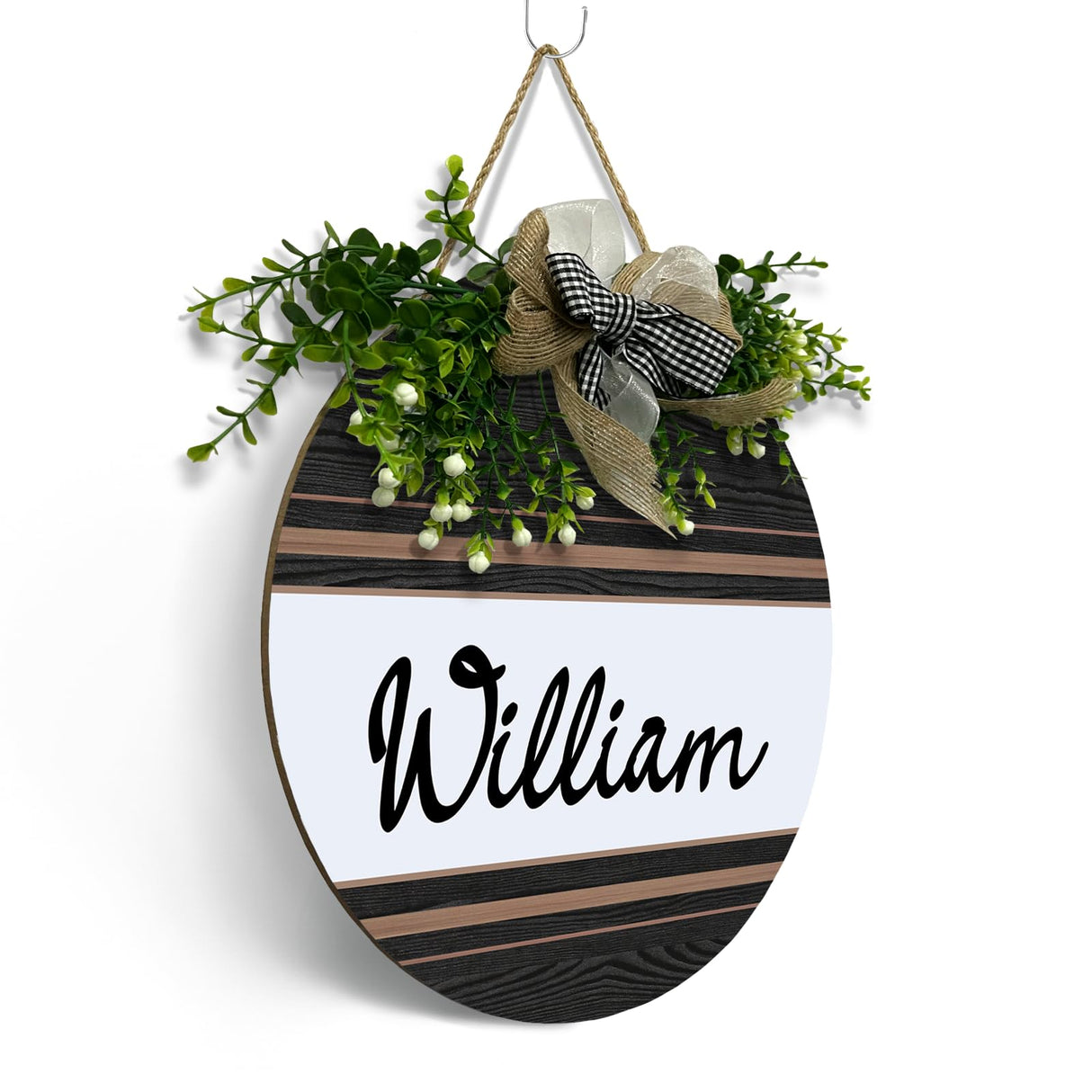 Dacawin Personalized Front Door Signs with Wreath Custom Rustic Family Name Round Wooden Sign with Bow Welcome Farmhouse Customized Hello Door Hanging Sign for Home Wall Outdoor Indoor 12x12 Inch Dacawin