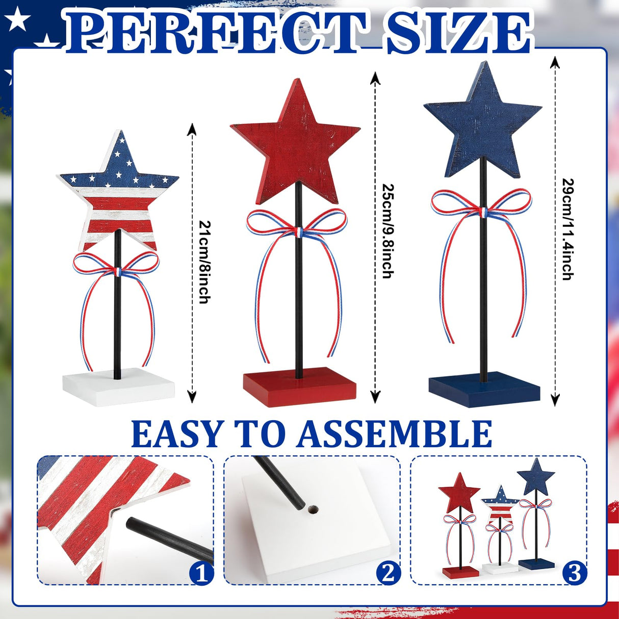 4th of July Tiered Tray Decor Wooden Star Set, 3 Pcs Memorial Day Table Decorations, Rustic Patriotic Tabletop Home Decor, Red White and Blue Decorations for Home (Retro) Hedeey