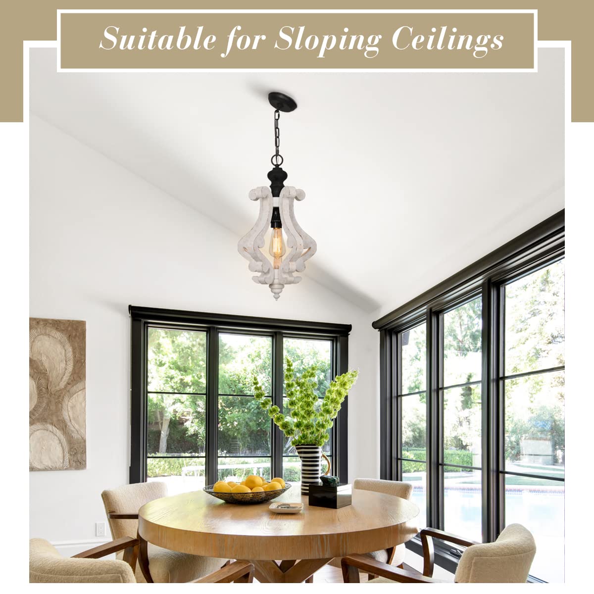 ANQIANYUE Farmhouse Wood Pendant Light, Distressed Rustic White Chandelier, 12.4" Vintage Pendant Lighting Fixture for Kitchen Island Dining Room Foyer Hallway Entryway Living Room; Adjustable ANQIANYUE