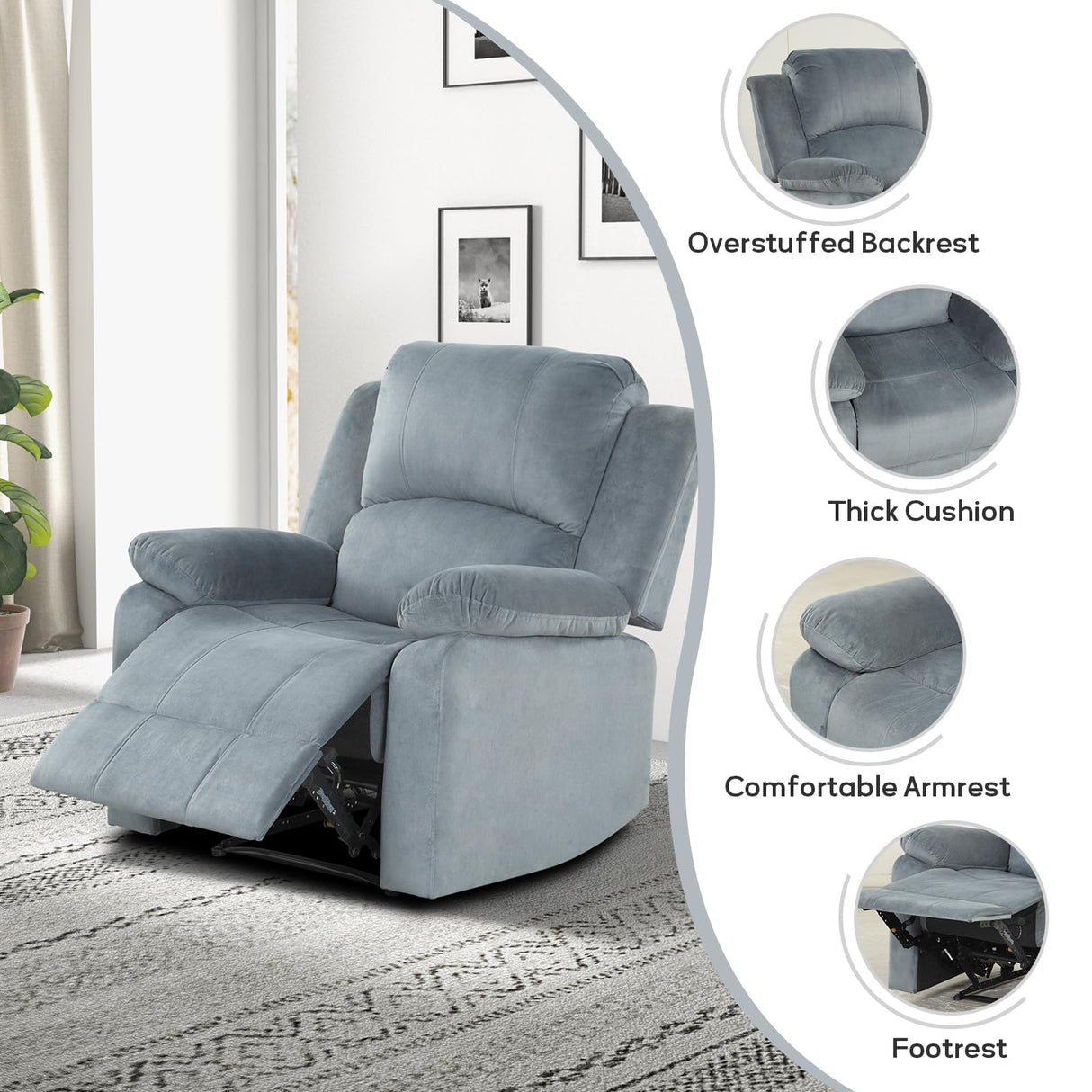 EBELLO Classic Manual Recliner Chair with Soft Padded Headrest and Armrest, Overstuffed Recliner Single Sofa Chair for Living Room, Bedroom, Grey EBELLO