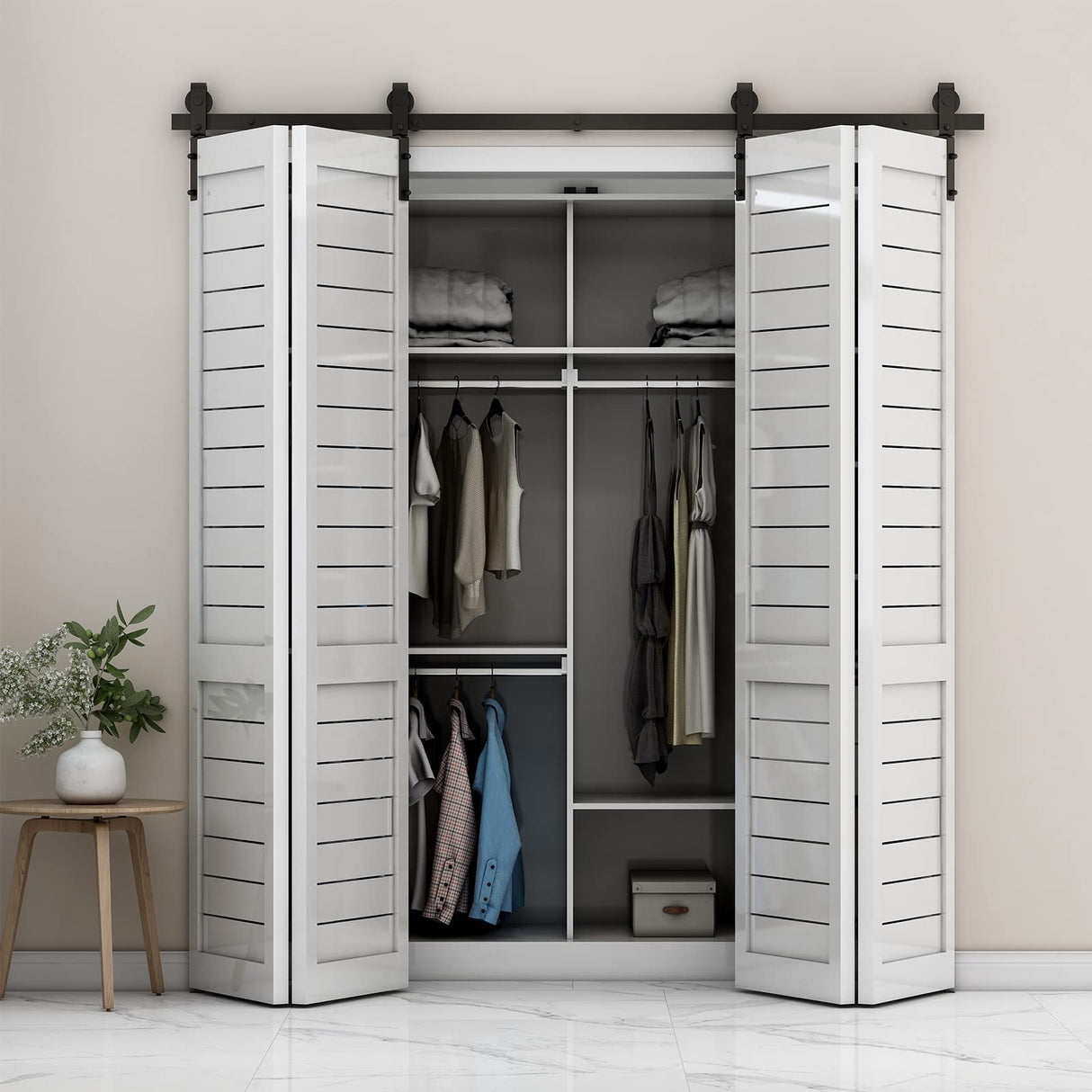 CCJH 5FT/60'' Bi-Folding Barn Door Hardware Sliding Track kit Heavy Duty for 4 Doors(No Wood Door,Hardwware Only) CCJH