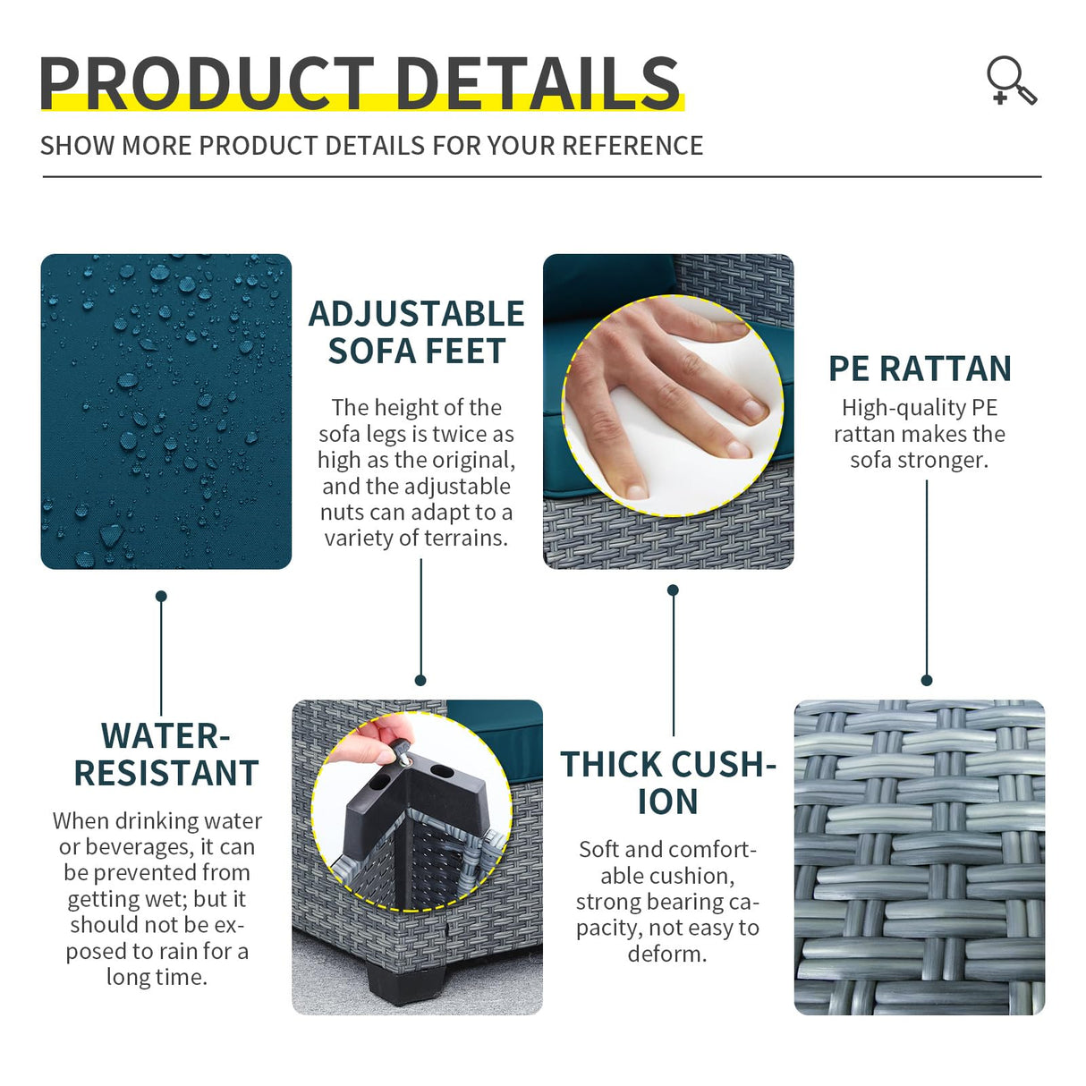 Lviden 4 Piece Wicker Patio Furniture Sets Outdoor Conversation Set PE Rattan Sectional Sofa Couch with Fire Pit Table and Peacock Blue Cushions Lviden