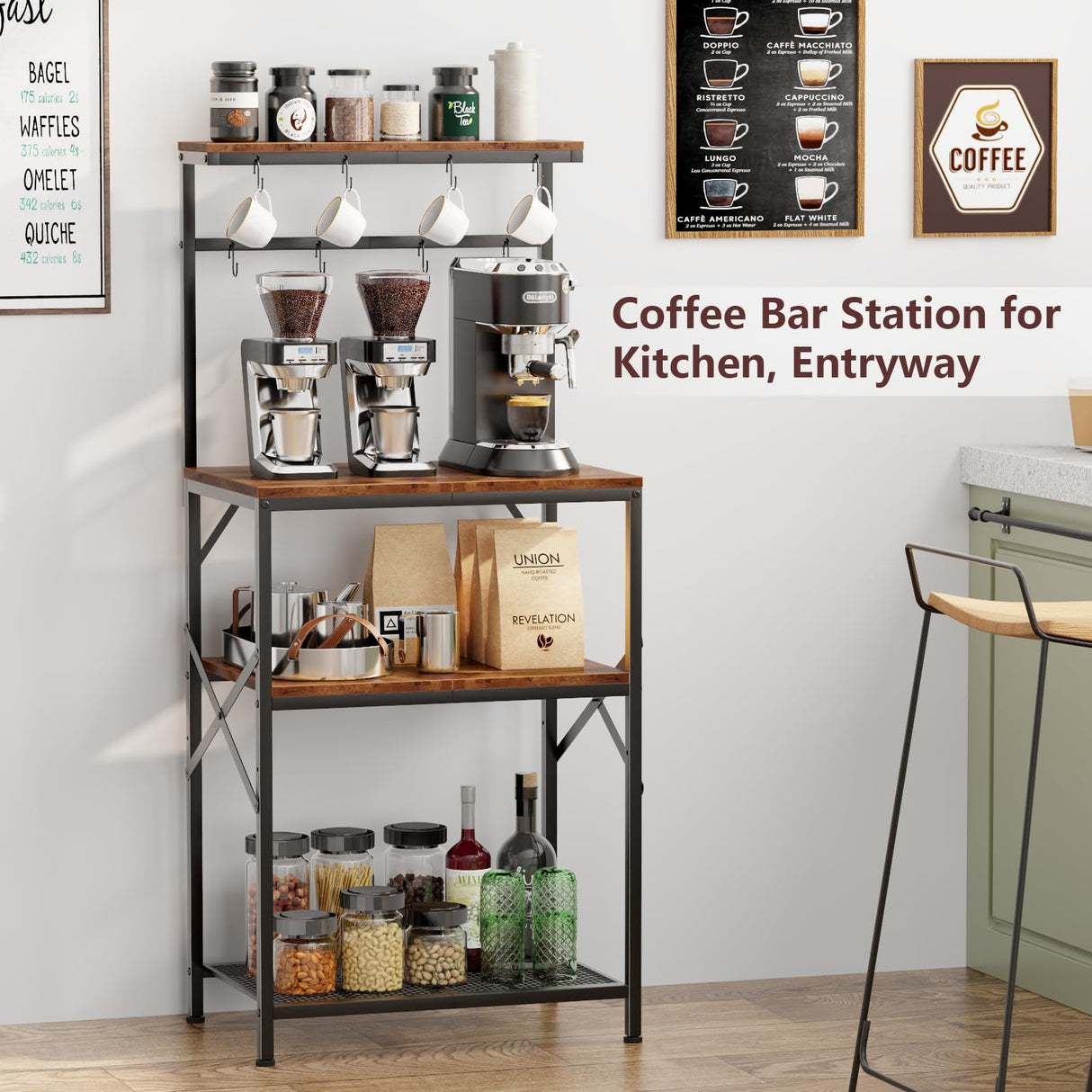 Korfile Kitchen Bakers Rack with Storage Shelves, Small Coffee Bar Table with 8 Hooks, 4 Tiers Microwave Stand Station with Adjustable Shelves, Freestanding Kitchen Appliance Organizer, Rustic Brown Korfile