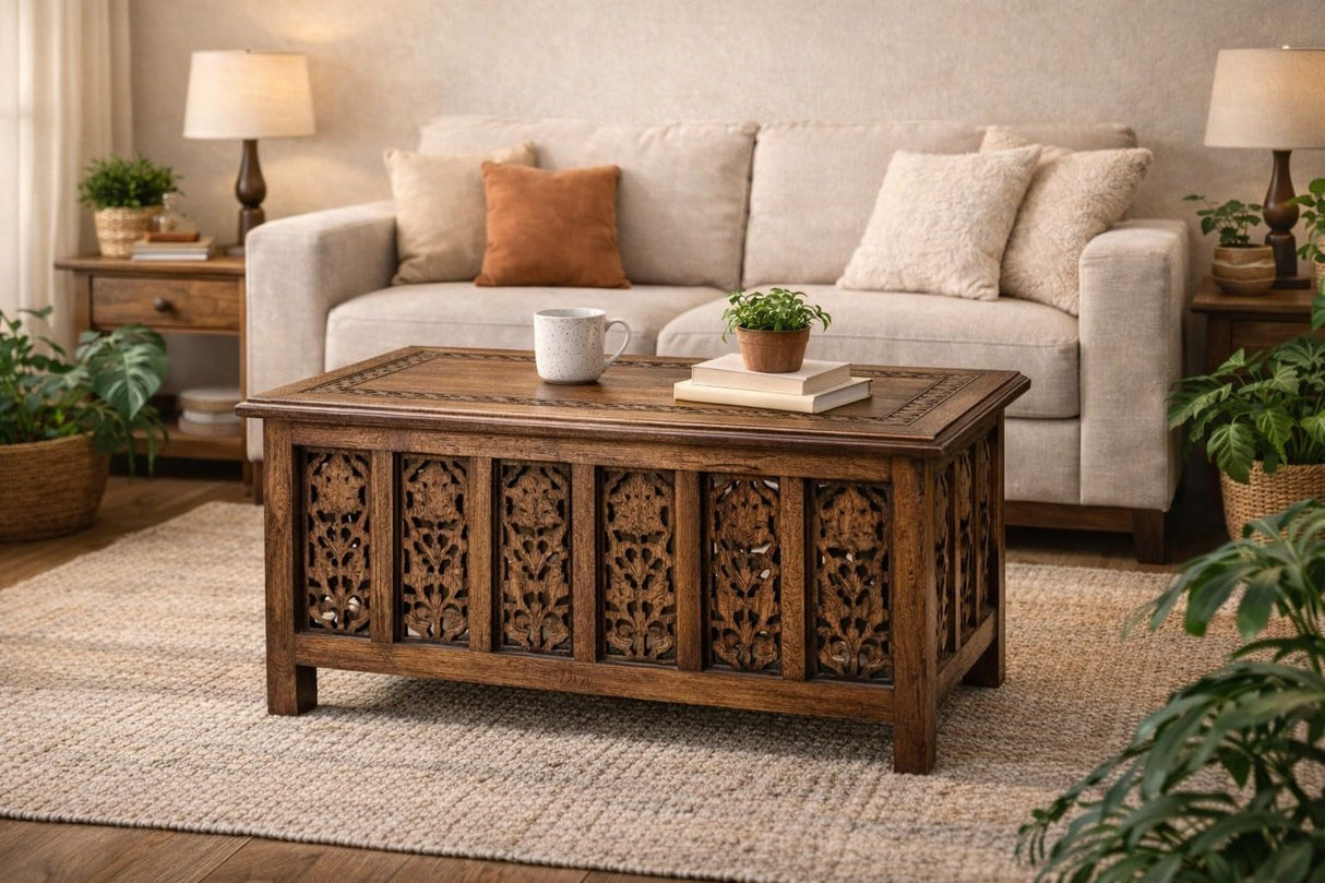 Coffee Table 36x18 Inch – Hand-Carved Solid Wood Center Table, Vintage Burnt Finish Modern Coffee Table for Living Room, Entryway Table for Magazines, Books & Plants The Wooden Town