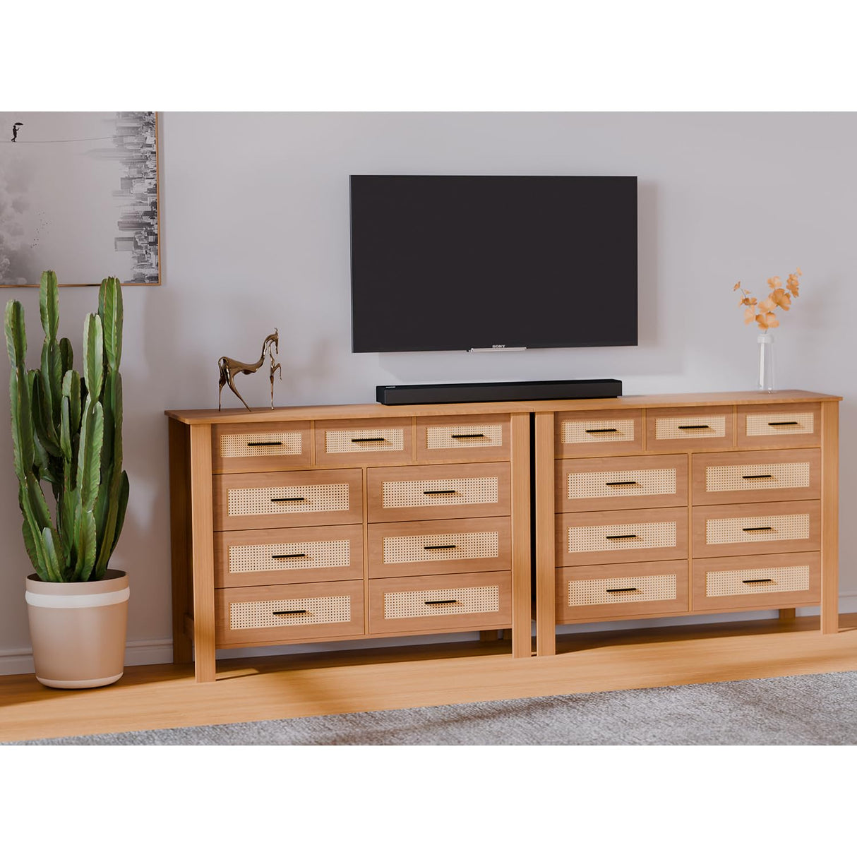9 Drawer Dresser for Bedroom, Rattan Chest of Dressers, Modern Boho Wooden Dresser Chest with Mental Handles, Living Room and Entryway Loreena
