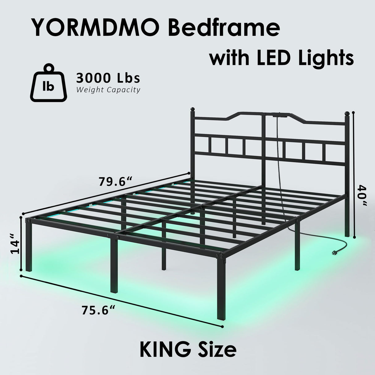 YORMDMO King Bed Frame with LED Lights, 14 inch Metal Bedframe with Headboard, Outlets & USB, Heavy Duty Basic Steel Slats Platform, Noise Free, No Box Spring Needed YORMDMO