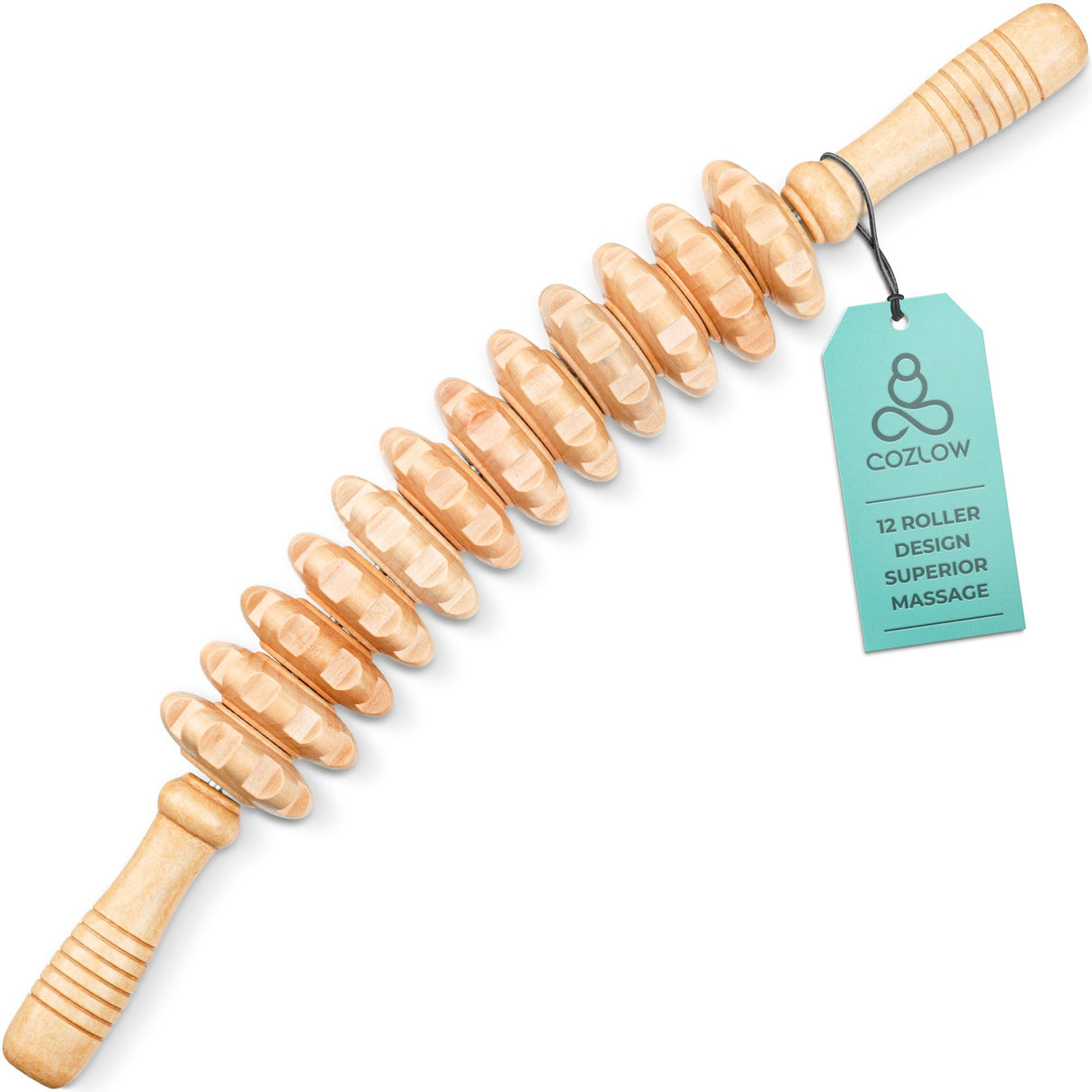 Wooden Massage Roller Stick (12 Rollers) - Curved Wood Therapy Massage Tool for Body Sculpting, Fascia Release & Lymphatic Drainage - Maderotherapy Helps Reduce Cellulite Appearance - by Cozlow COZLOW