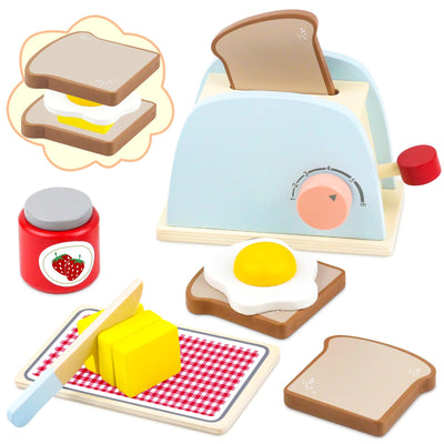 Airlab Wooden Pop-up Toaster Toy Play Kitchen Accessories Play Food Bread, Butter, Poached Egg Cutting Pretend Toys for 3 4 5 Year Old Toddlers Boys Girls