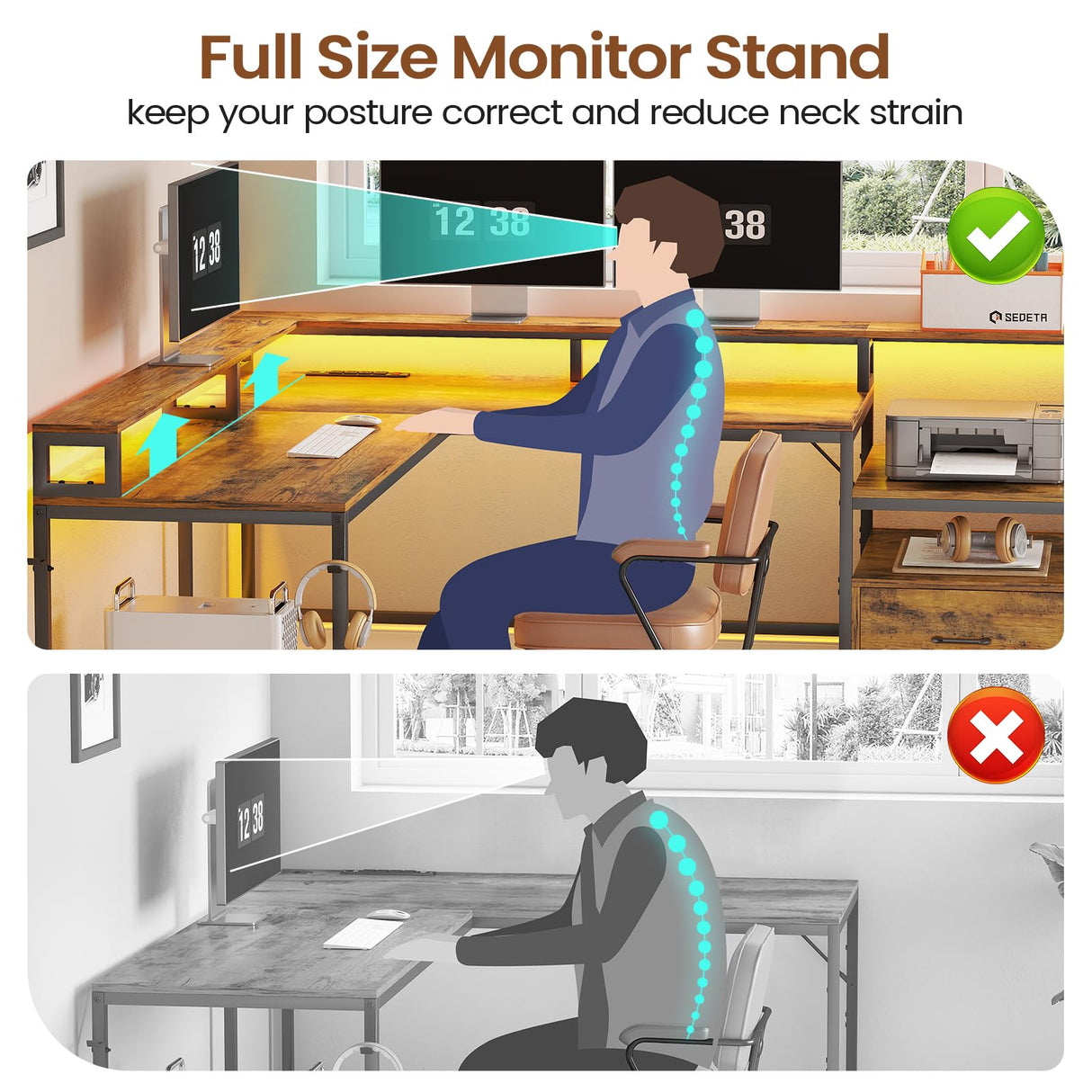 SEDETA L Shaped Desk, 66" Home Office Desk with File Drawer & Power Outlet, Gaming Desk with Led Lights, Corner Computer Desk with Monitor Shelf, Printer Storage Shelves, Two Person Desk, Rustic Brown SEDETA