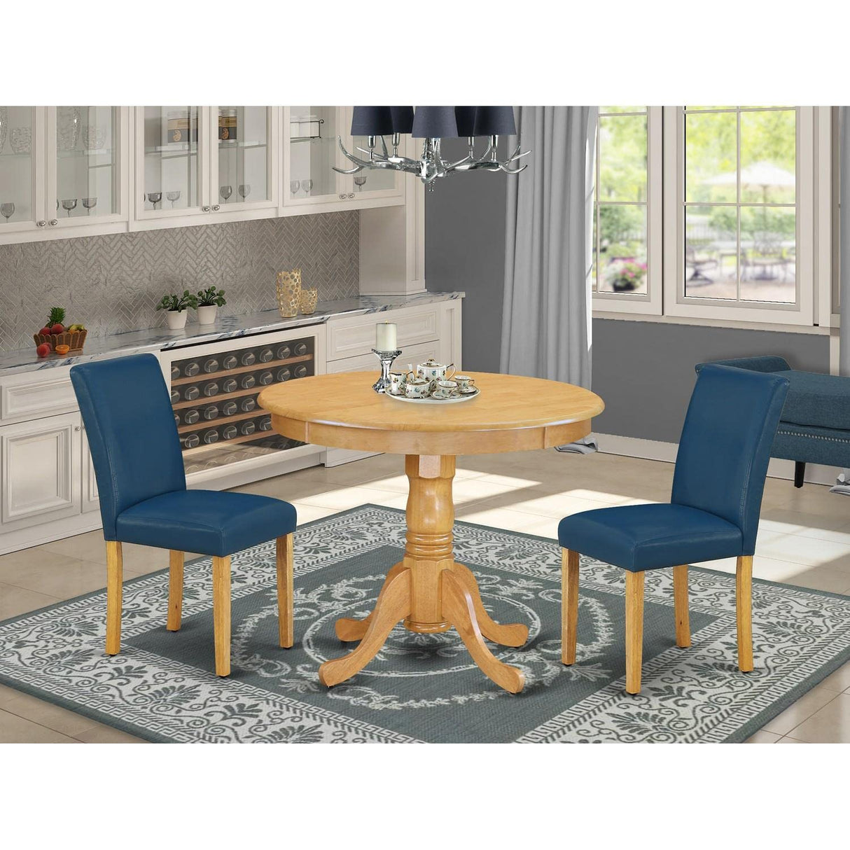 East West Furniture ANAB3-OAK-55 3 Piece Kitchen Table & Chairs Set Contains a Round Dining Room Table with Pedestal and 2 Oasis Blue Faux Leather Parsons Chairs, 36x36 Inch, Oak East West Furniture