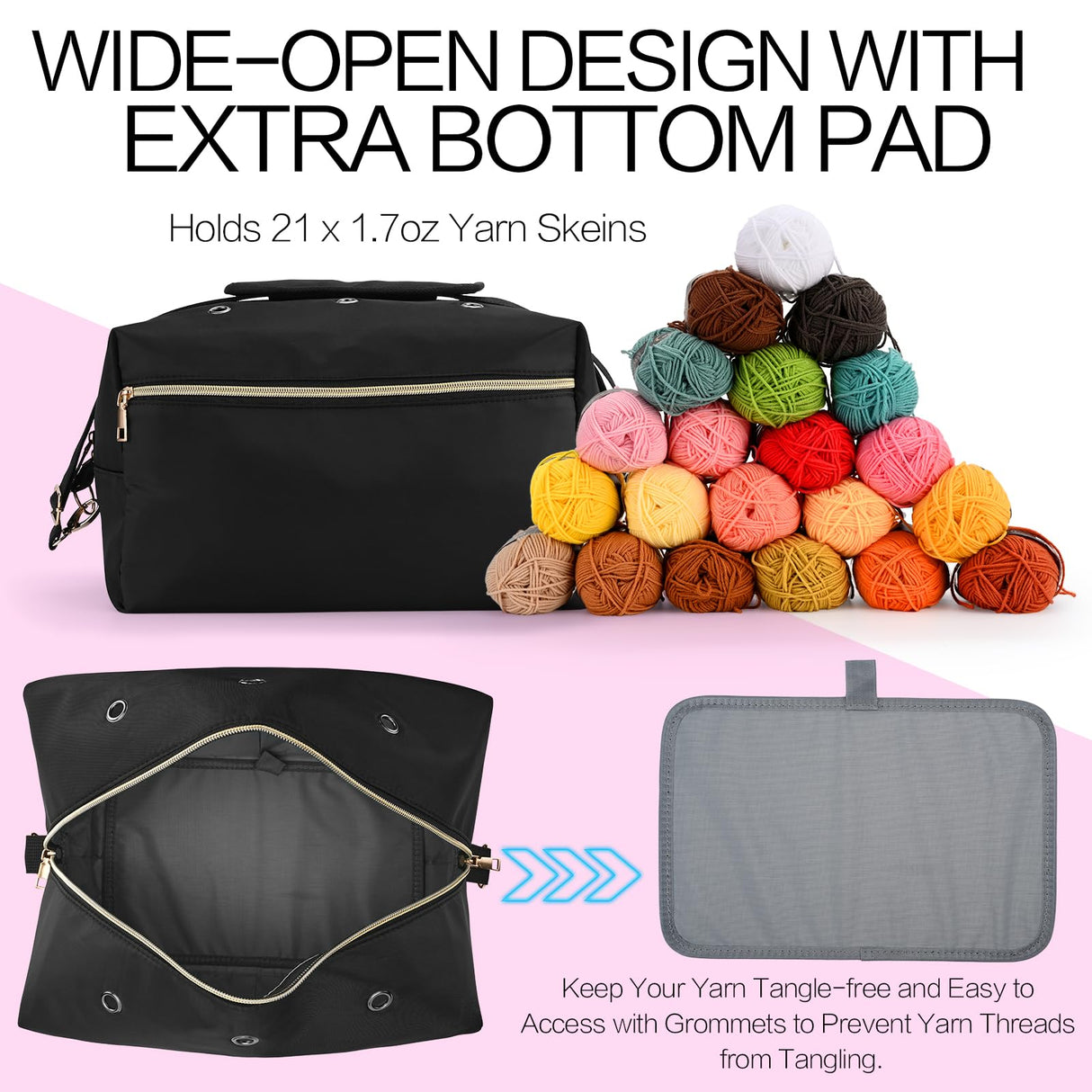 yookee home Yarn Bag Crochet Bag Organizer Knitting Bag Organizer Crochet Storage Yarn Holder for Crochet Accessories Yarn Storage Bag for Crocheting Gifts for Crochet Lovers,Mom,Women,Black yookee home