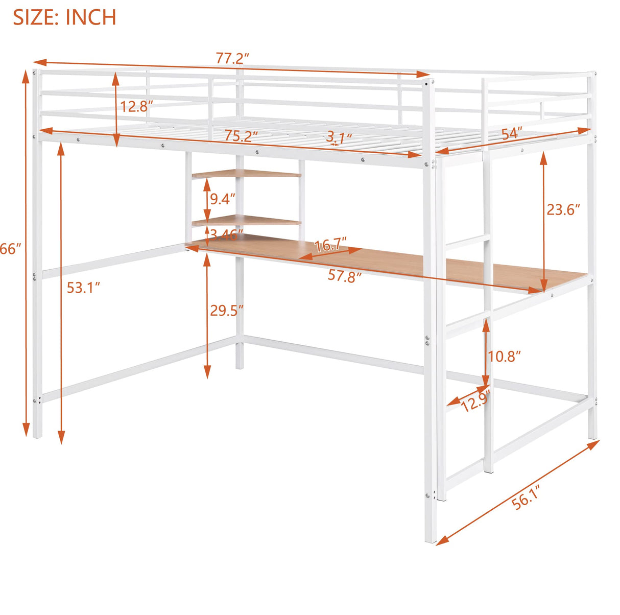 Harper & Bright Designs Metal Full Size Loft Bed Frame, Loft Bed Full with Desk and Shelves, Space Saving Metal Loft Bed with Desk Underneath for Kids,Teens (Full,White) Harper & Bright Designs
