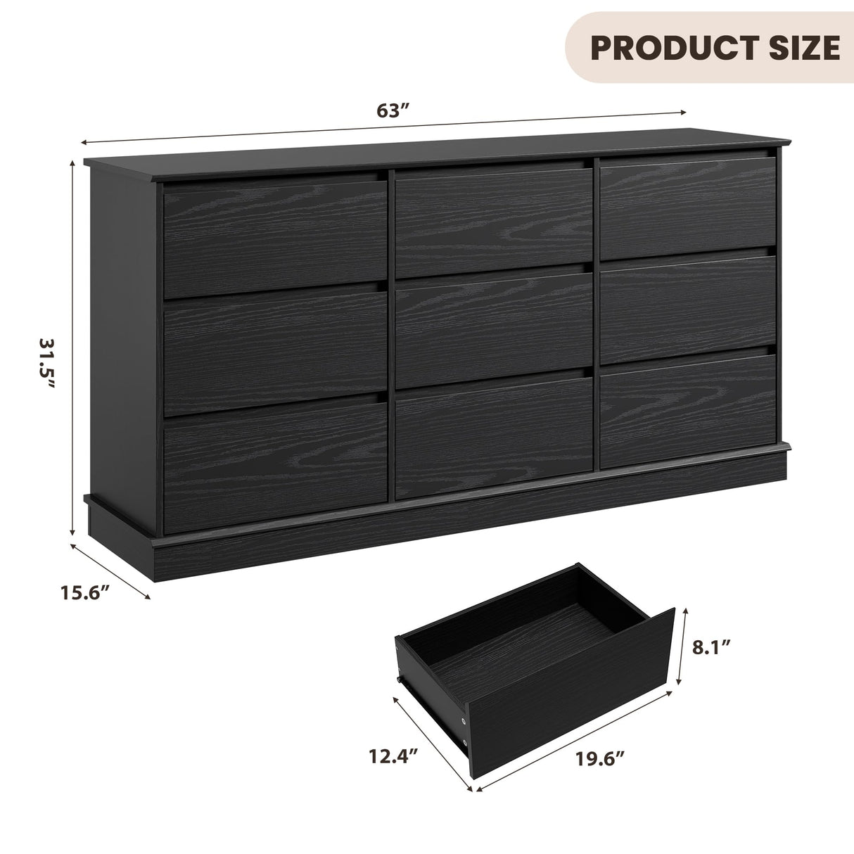 GarveeHome 9 Drawer Dressers for Bedroom, Chest of Drawers with Deep Drawers, Large Double Dresser for Closet with Wide Top, Horizontal Wooden Dresser for Living Room, Hallway, Kids Room, Black GarveeHome