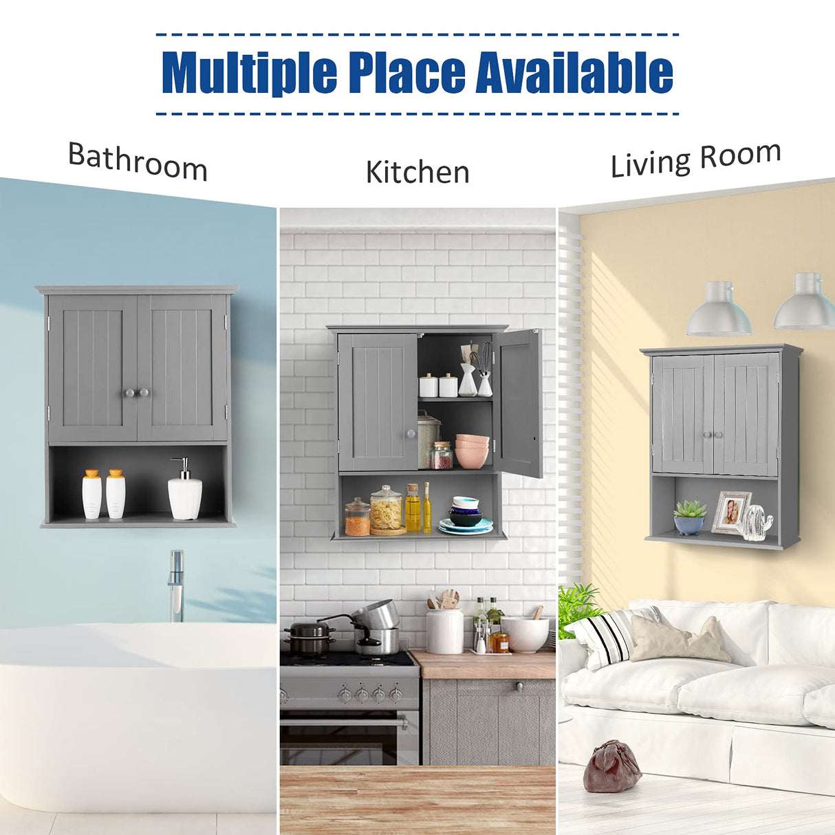 COSTWAY Wall Mounted Bathroom Cabinet, Over The Toilet Storage Cabinet w/Double Doors & Adjustable Shelf, Wood Hanging Medicine Cabinet for Living Room, Entryway, Kitchen (Gray) COSTWAY