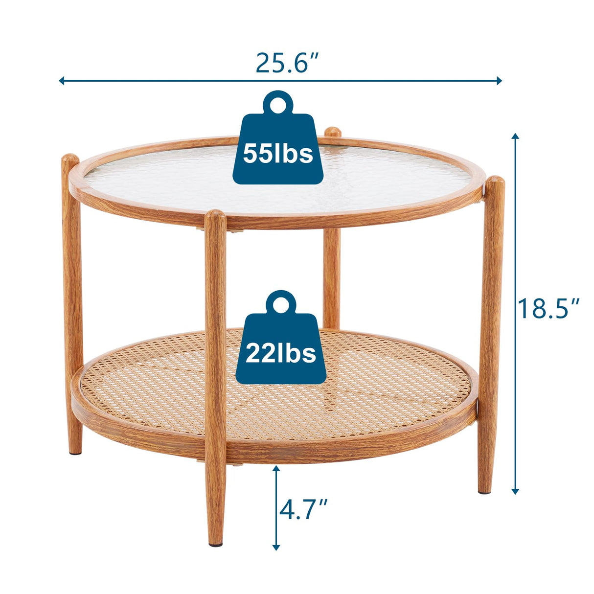 VINGLI 25.6" Rattan Coffee Table, Round Water-Wave Glass Metal Center Table, Modern Coffee Table with 2-Tier Storage, Farmhouse Circular Coffee Table for Living Room and Small Space, Natural Vibe VINGLI