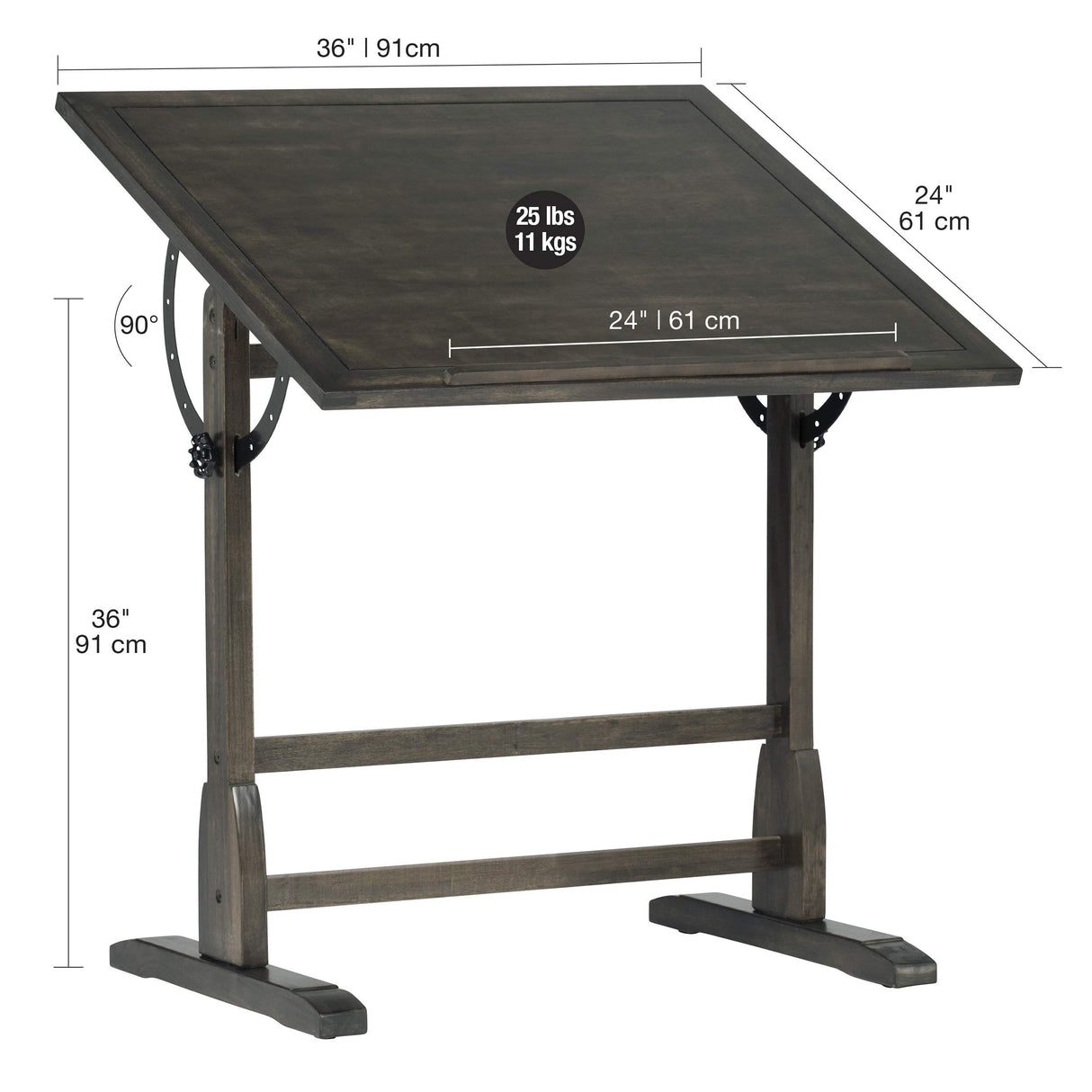 Studio Designs Vintage Drawing/Drafting Table with Pencil Ledge - 36" W x 24" D - Distressed Black - Adjustable Tilting Top SD STUDIO DESIGNS