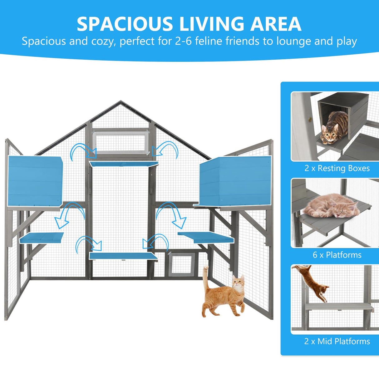Gowoodhut 69.9"L Catio Outdoor Cat Enclosure for Multiple Cats,Wooden Walk In Cats Shelter Kitty Enclosure with 2 Resting Boxes,6 Platform,2 Middle Platform,Kitty Kennel with Weatherproof Cover(GREY) Gowoodhut