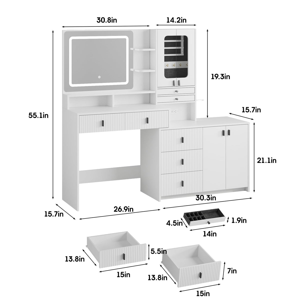 Vabches 57" Large Vanity Desk with Mirror and Lights,White Makeup Vanity Table with Jewelry Cabinet & 7 Drawers,Modern Dressing Table with Charing Sation & Shelves for Bedroom Vabches