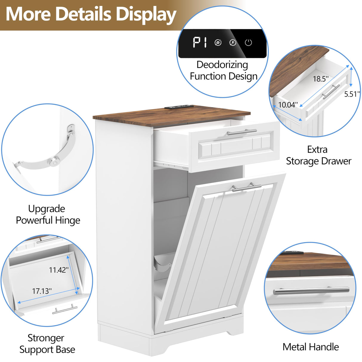 Single 10 Gallon Tilt Out Trash Can Cabinet with Deodorizing Function, Wooden Hidden Garbage Can Holder with Storage Drawers for Kitchen and Dining Room, Laundry Hamper Cabinet for Bathroom, White jmhdyg