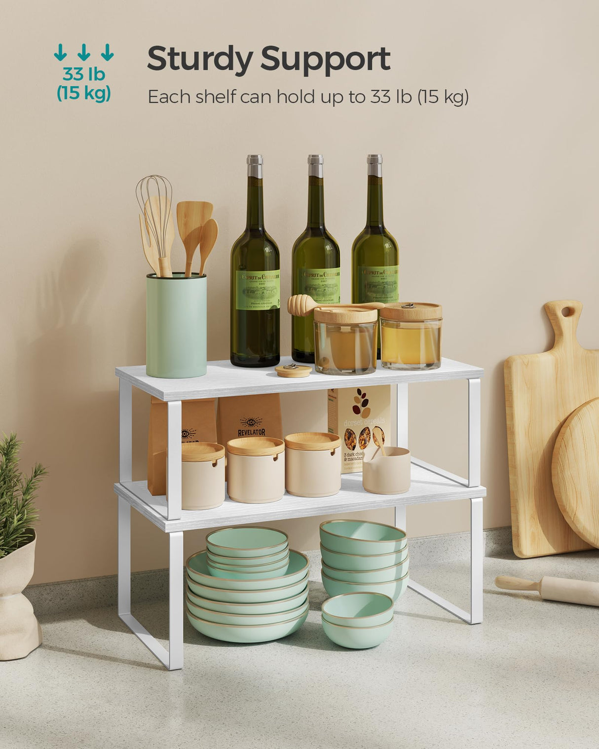 SONGMICS Cabinet Organizer Shelf, Set of 2 Kitchen Counter Shelves, Kitchen Storage, Spice Rack, Stackable, Expandable, Metal and Engineered Wood, Cloud White and Snow White UKCS025W01 SONGMICS