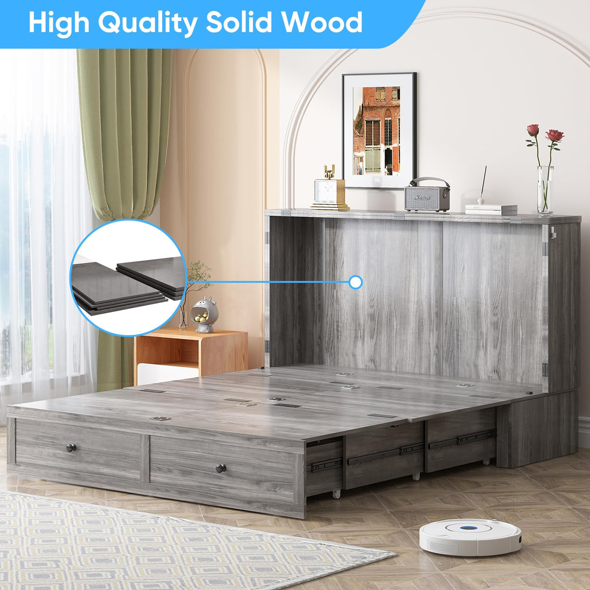 Mjkone Murphy Bed Queen Size Cabinet with Tri-Fold Memory Foam Mattress, USB Charging Station, Farmhouse Wood Space-Saving Hidden Folding Chest Cabinet Bed for Guest Room Apartment, Gray Mjkone