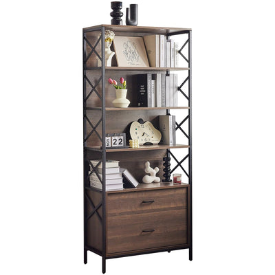 Redlifeᅟᅠ Redlife 5-Tier Bookshelf w/File Cabinet Drawers Industrial Wood Bookcase Standing Storage Organizer for Living Room Home Office, 31.5 x 14 x 74inch, Black Walnut